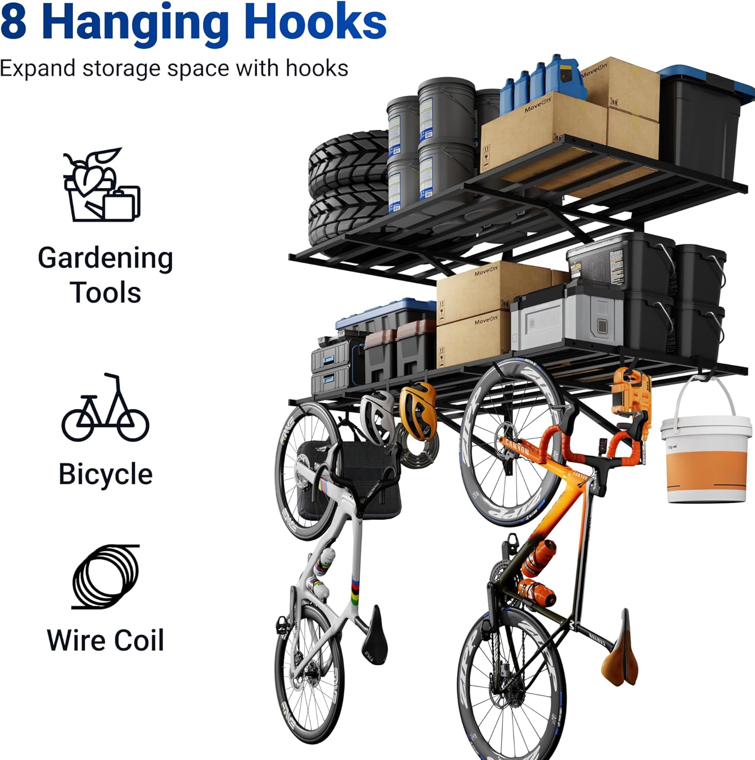 FLEXIMOUNTS 2-Pack 2x4ft Heavy Duty Garage Wall Shelving, 800lbs Capacity, Garage Shelving Wall Mounted with 8 Hooks for Power Tools, Garden Supplies, Storage Bins, Pro Series