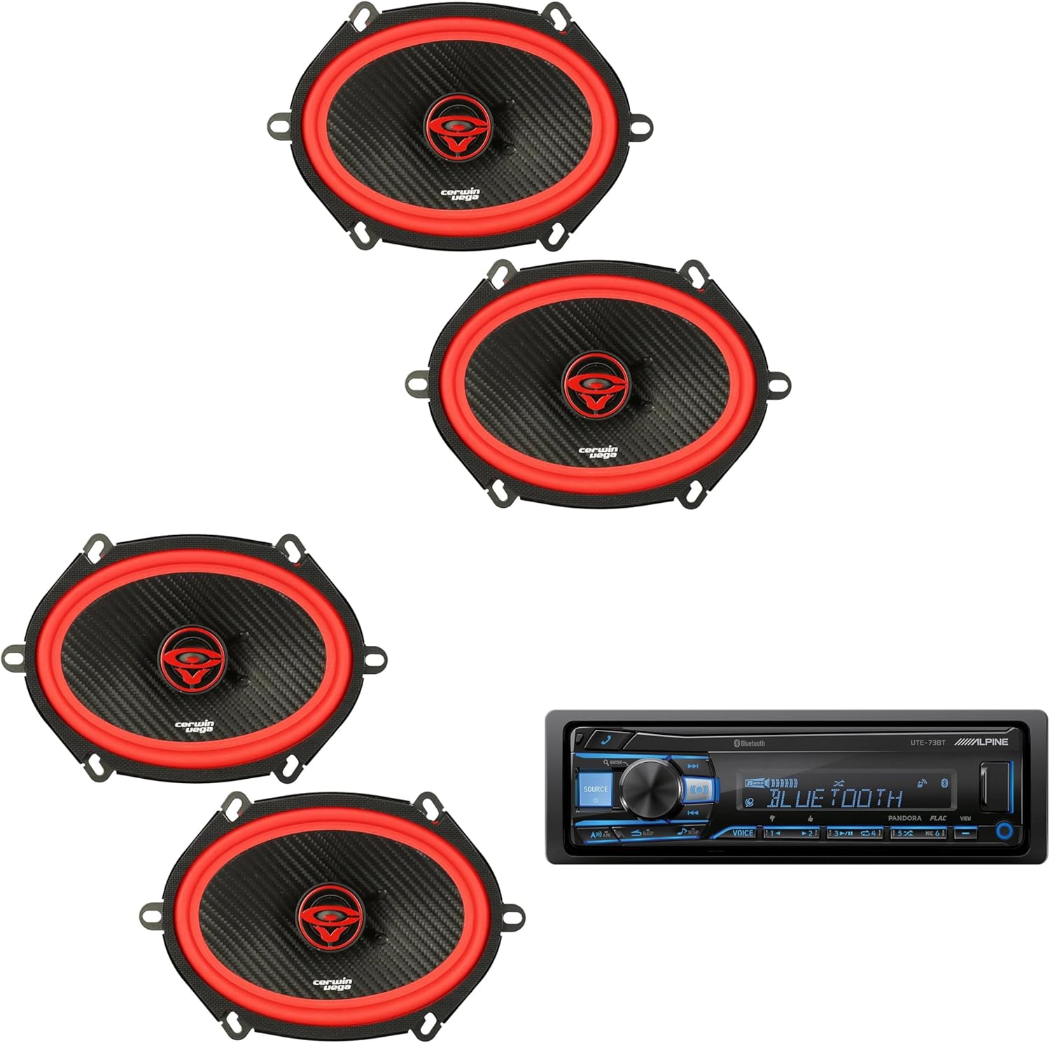 UTE-73BT Bluetooth Car Stereo Receiver (No CD) with 2 Pairs Cerwin Vega V68 6x8 2-Way Coaxial Speakers – Premium Front & Rear in-Car Audio Upgrade Package