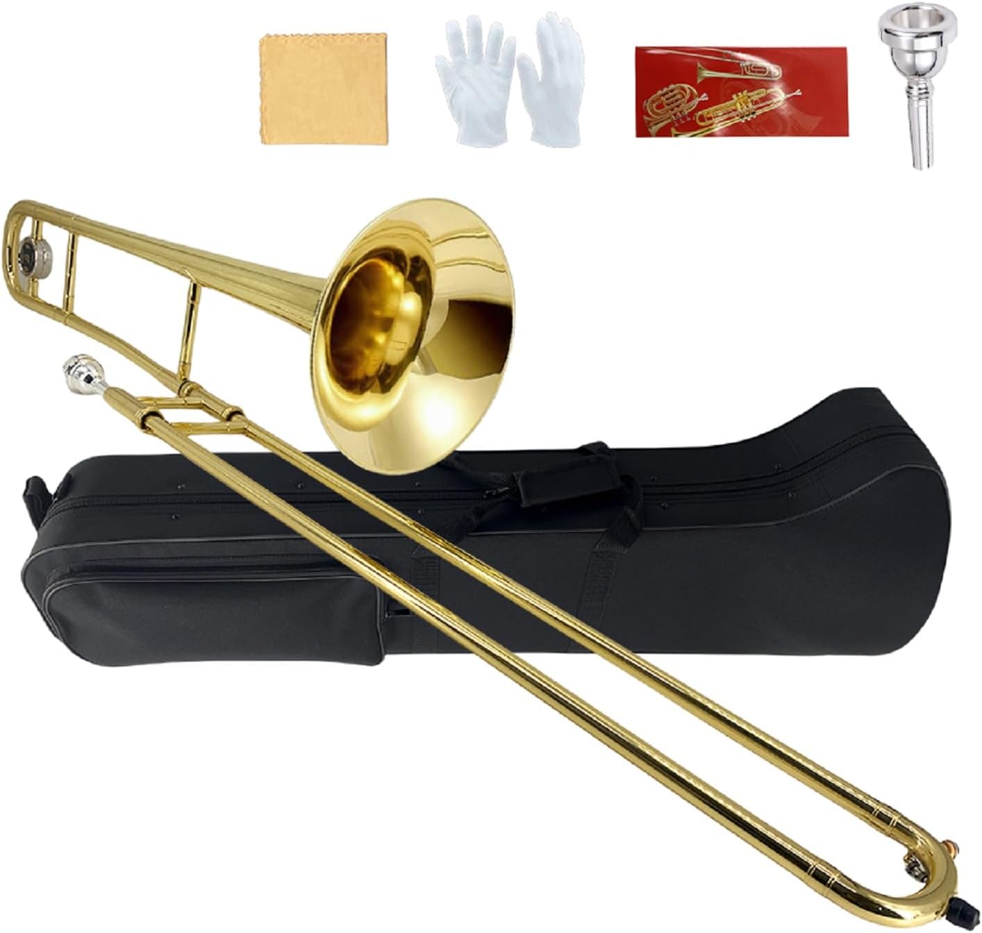 Bb Tenor Slide Trombone B Flat Gold Brass Plated Trombone for Beginners and Adults with Mouthpiece Carrying Case White Gloves Wipe Cloth
