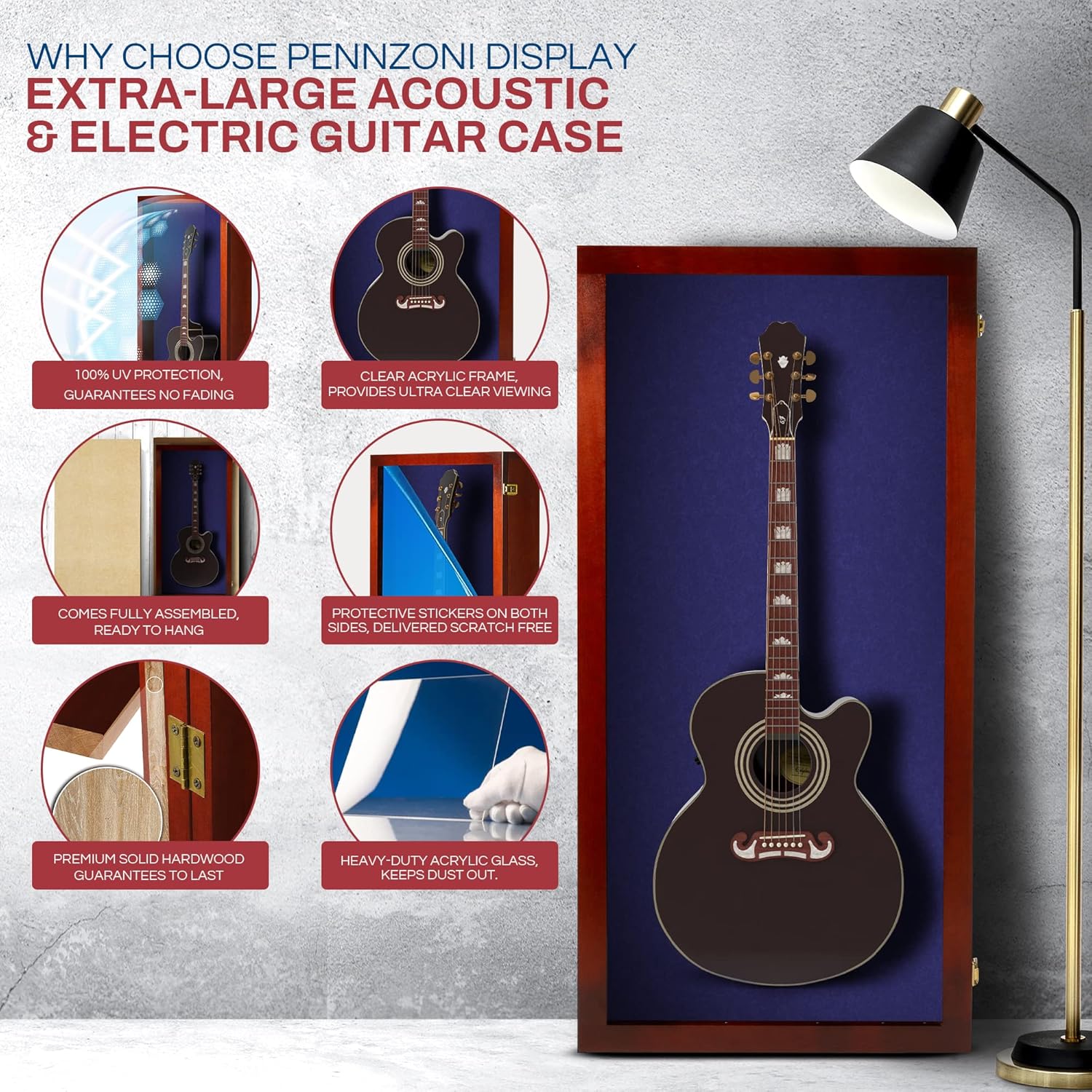 PENNZONI Extra Large Acoustic Guitar Display Case - Wall Mount Display Case for Acoustic/Electric Guitars - Ultra Clear Acoustic Guitar Solid Wood Frame Display Case | Cherry, Blue Felt