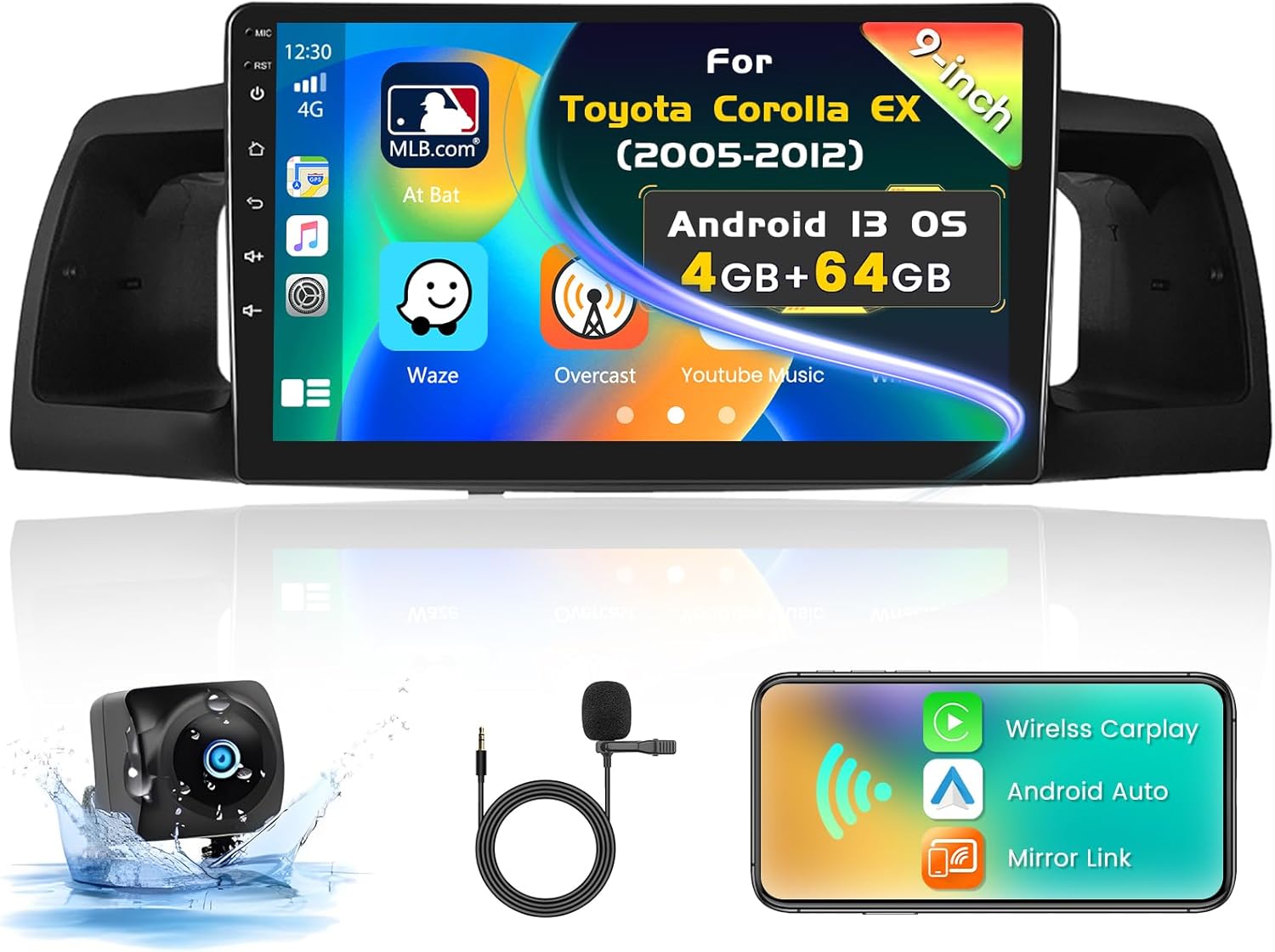 [4+64GB] Android 15 Car Stereo for Toyota Corolla EX 2005-2012 with Wireless Carplay Android Auto, 9 Inch HD Touchscreen Car Radio with WiFi GPS Bluetooth5.0 FM/RDS 32EQ SWC Backup Camera MIC