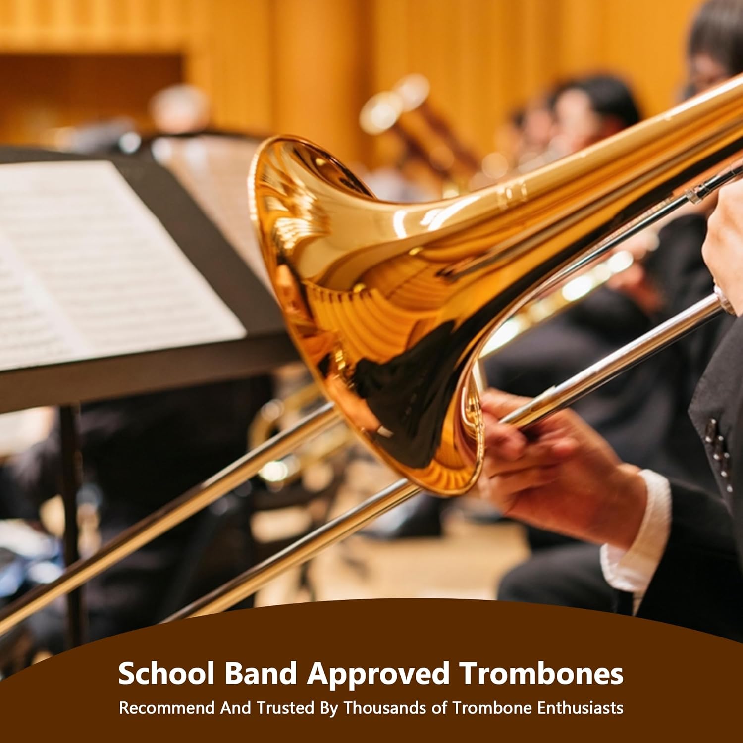 Bb Tenor Slide Trombone for Students Beginners, B Flat Brass Plated Trombone Instrument with Hard Case Mouthpiece White Gloves and Cleaning Kit (Gold)