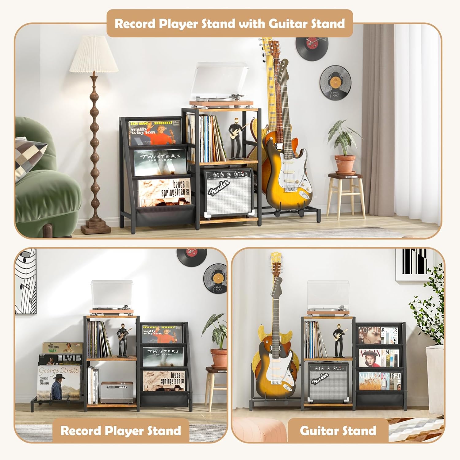 Bikoney Record Player Stand, Guitar Stand for Acoustic, Electric Guitar, Bass with Amp Stand, 3-Tier Vinyl Record Storage Up to 200 Albums, Record Player Table for Record Player, Speaker, Amplifier (3 guitar stand, Brown)