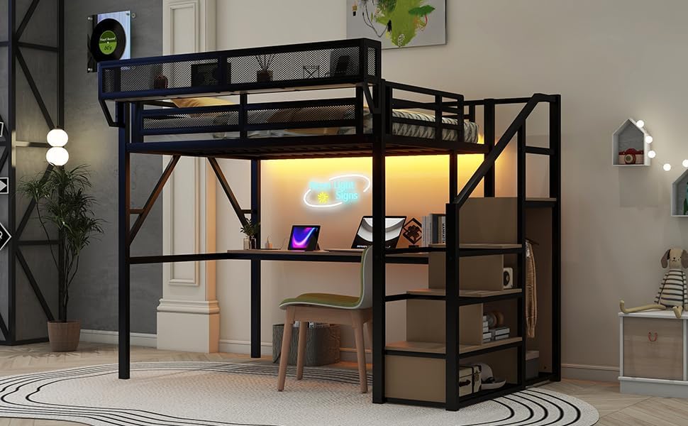 Full Loft Bed with Desk and Charging Station, Full Size Metal Loft Bed with Stairs and Light for Kids Teens, Black, Patent Products