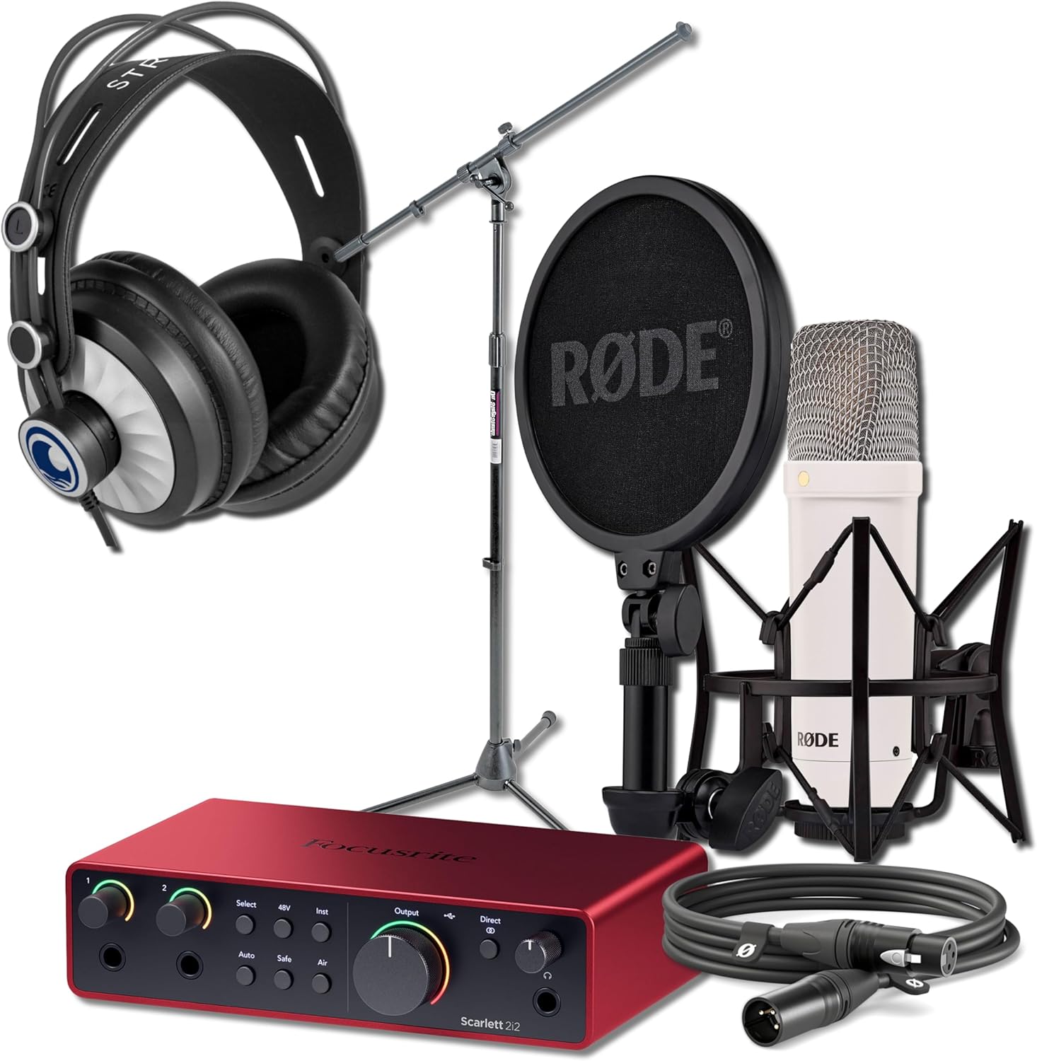 Rode NT1 Signature Series Condenser Microphone (White) with Scarlett 2i2 4th Gen USB Audio Interface, Cans50 Studio Headphones and On-Stage MS7701B Boom Microphone Stand