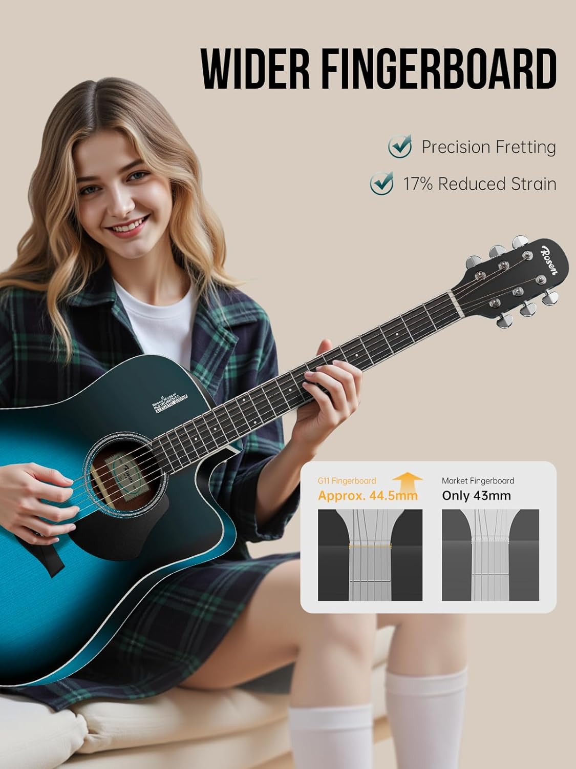 Rosen Solid Top Dreadnought Acoustic Guitar 41 Inches Spruce Guitar Beginner Bundle with Book, Padded Bag, Strings, Picks, Hexwrench, Strap, Polishing Cloth, Blue