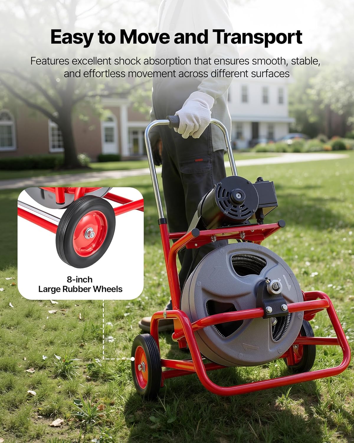 VEVOR Drain Cleaner Machine 75 FT x 3/8 Inch, Sewer Snake Auger on Wheels, Manual Feed Drain Cleaning Machine with Adjustable Drum Angle, 6 Cutters & Air-activated Foot Switch for 2