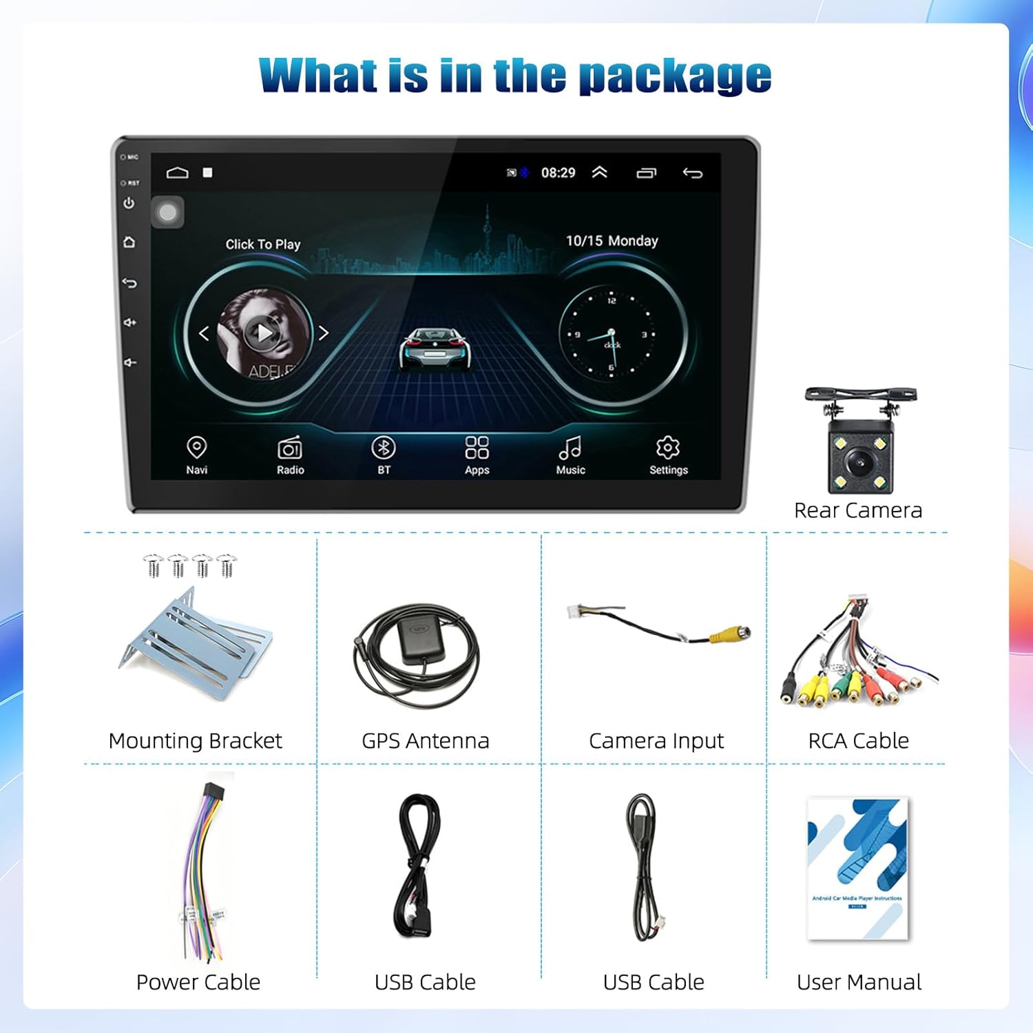 10.1Inch 2.5D HD Double Din Car Stereo Radio Receiver, Android Touch Screen MP5 Multimedia, Support GPS Navigation Bluetooth FM Radio+4 Led Lights Rear View Camera&Dual Mirror Link