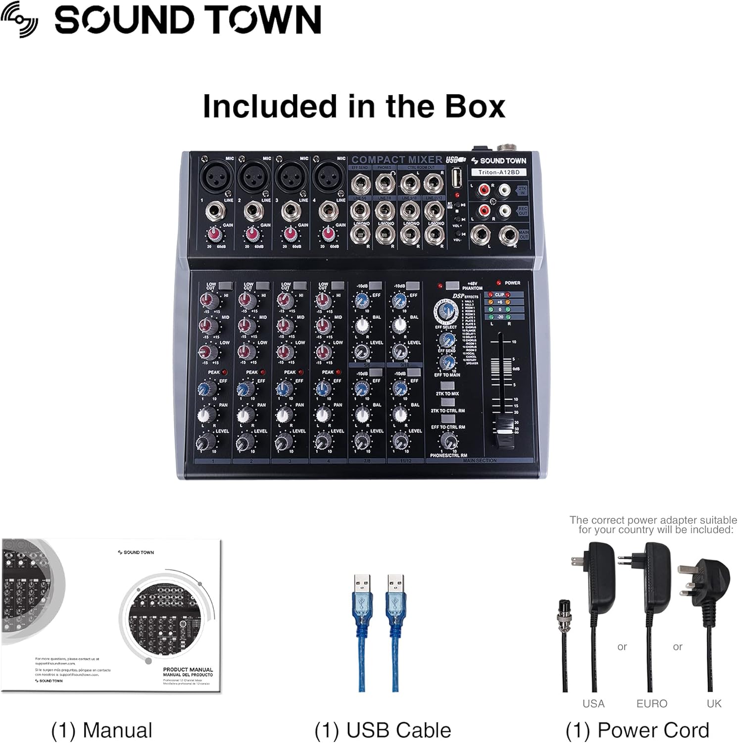 Sound Town Professional 12-Channel Audio Mixer with USB interface, Recording, EQ, Bluetooth, DSP and 48V Phantom (TRITON-A12BD)