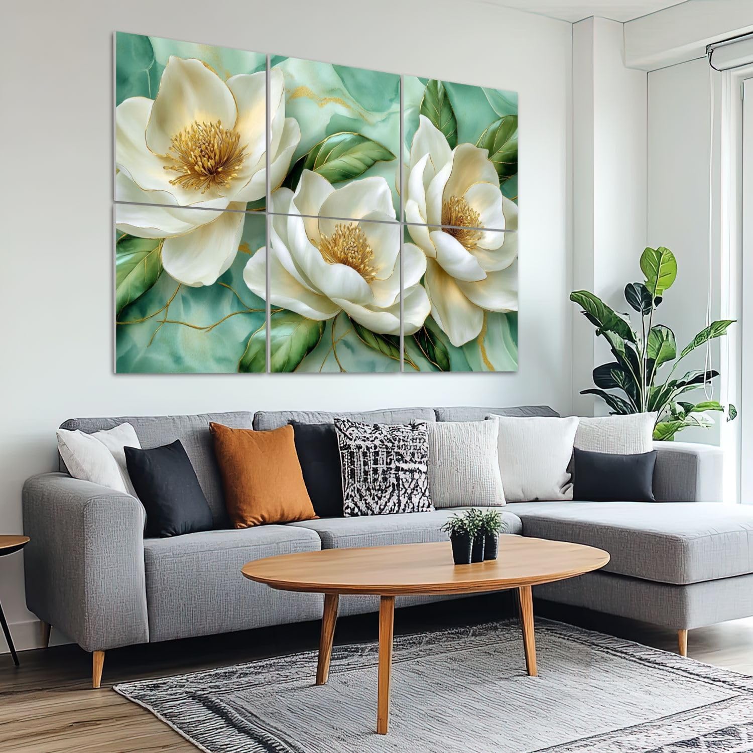 6 Pack Art Acoustic Panels Sound Absorbing Vintage Marble Floral Gold Green White Metal Flowers Magnolia Accents Decorative Soundproof Wall Panels Self Adhesive for Recording Studios Office 72