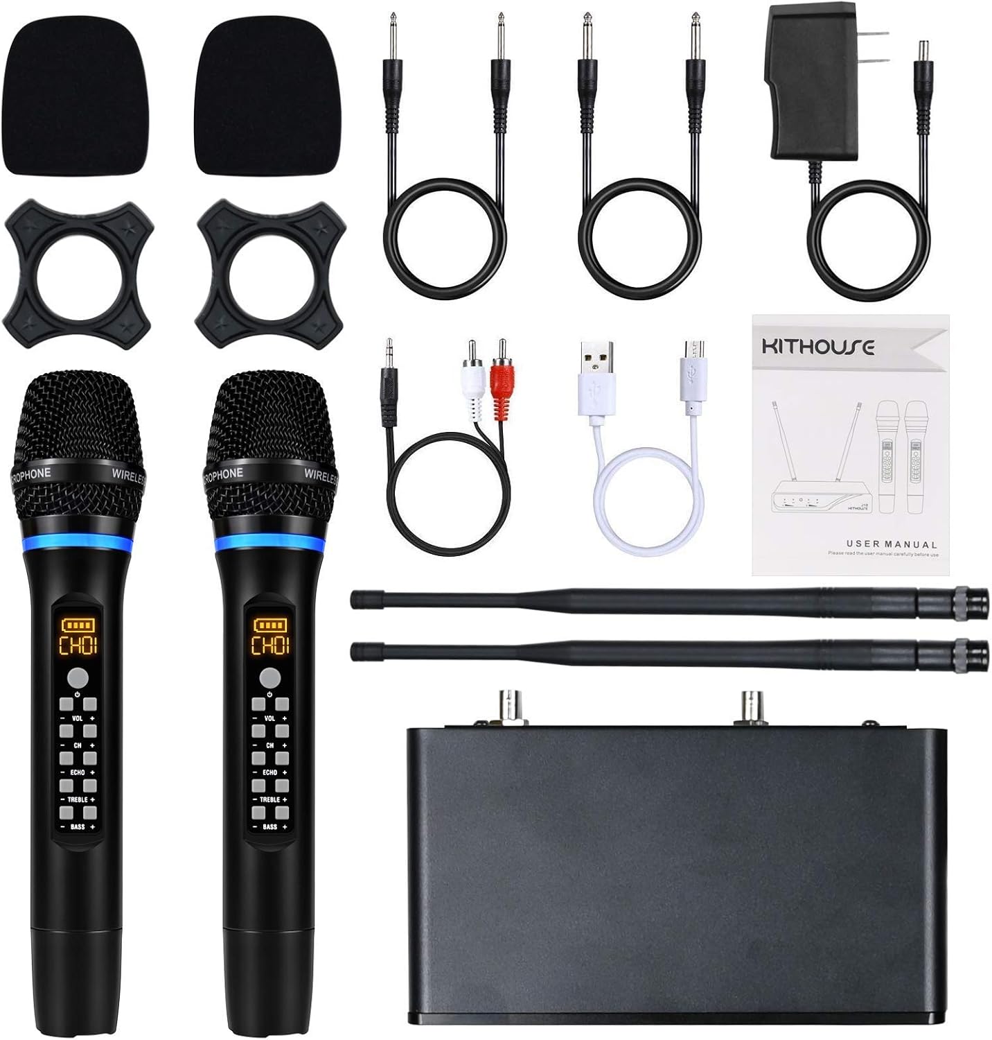 J10 Wireless Microphone Karaoke System Rechargeable, UHF Metal Cordless Microphone Handheld with Volume Echo Treble BASS Control and Receiver Box for Singing Karaoke Speech Meeting