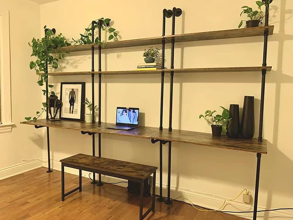 ZIOTHUM Industrial Wall Mount Desk with Shelves, Ladder Style Computer Laptop Desk, Floating Table with Storage, Industrial Pipe Bookcase for Home Office (36x20x81)