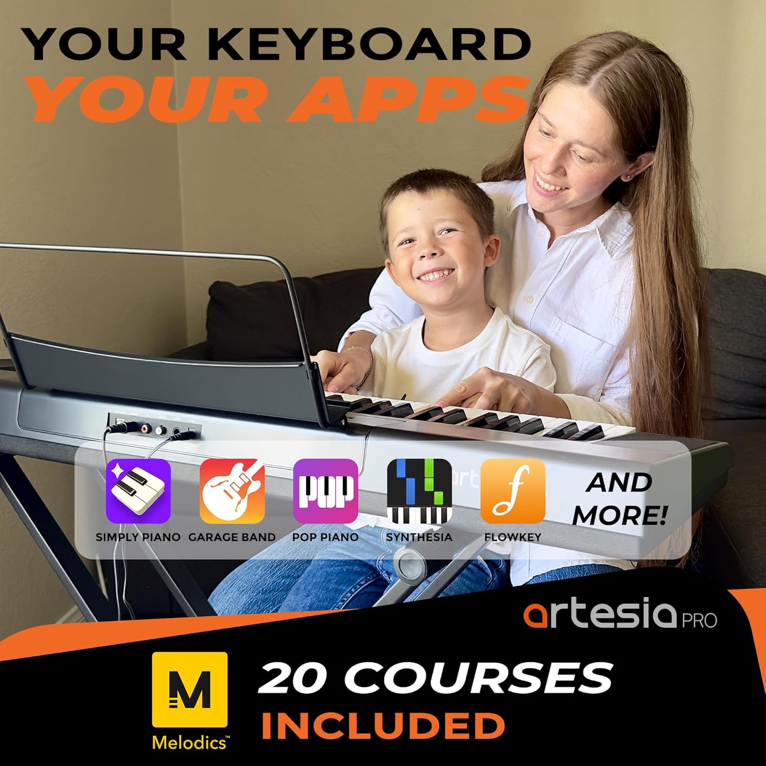 Artesia 61-Key Portable Digital Piano Keyboard with Full-Size Semi-Weighted Keys, Beginners Bundle with Sustain Pedal, Music Rack and Free Melodics Piano Lessons