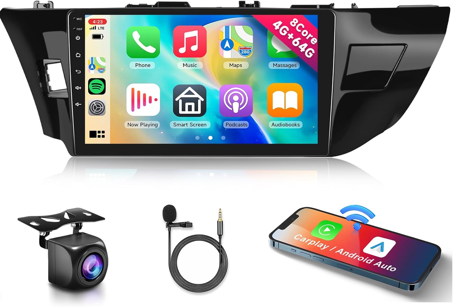 8 CORE 4G+64G Car Radio Stereo for Toyota Corolla 2014-2017, Wireless CarPlay Android Auto 10.1 Inch 1280 * 720P IPS Touch Screen Android 13 GPS WiFi Bluetooth 32-Band DSP SWC HD Camera