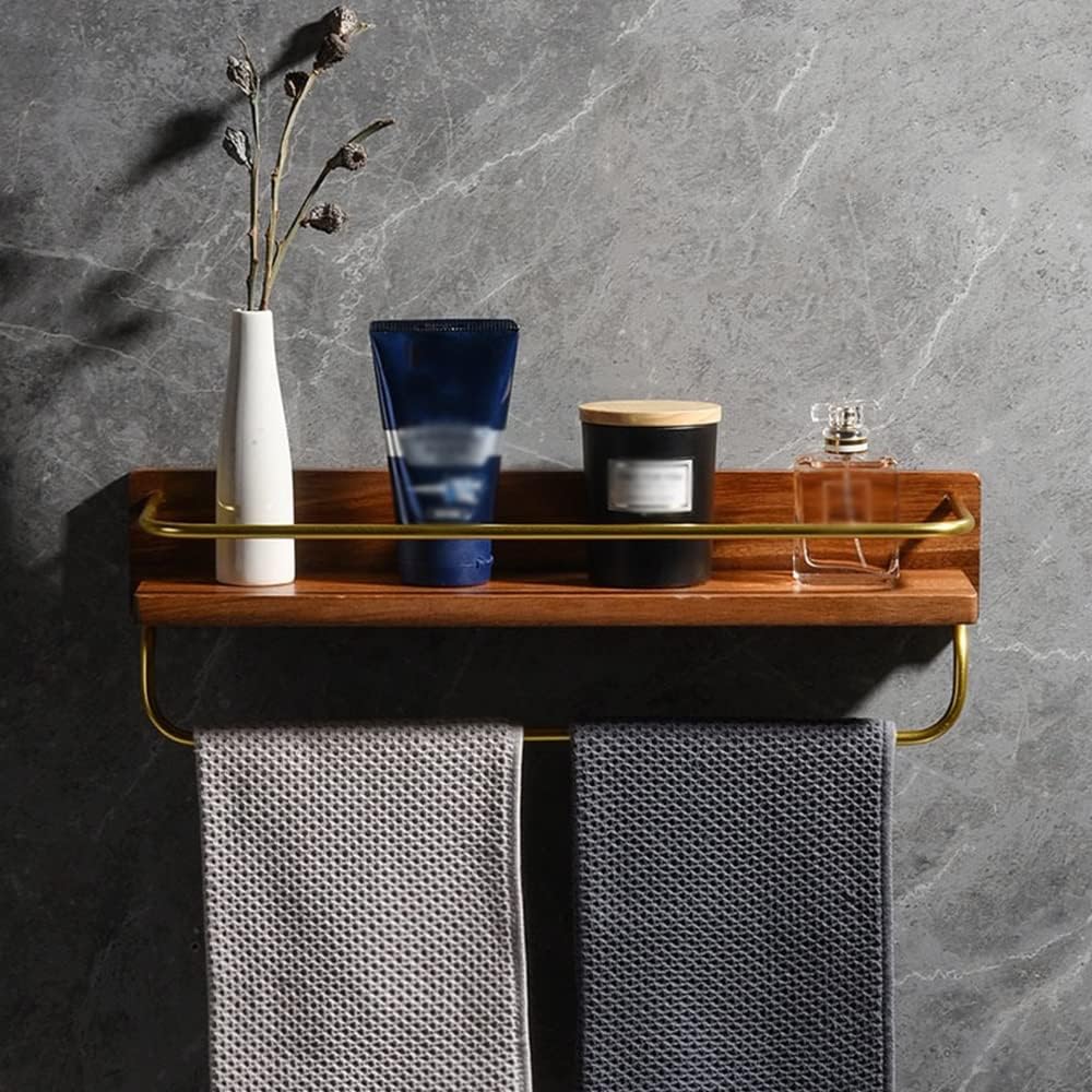 Shower Caddy Bathroom Shelf, Wooden Bathroom Towel Rack Holder, Aluminum Wall Mount Shower Caddy Shelf Bathroom Organizer (Color : 45cm Rod)