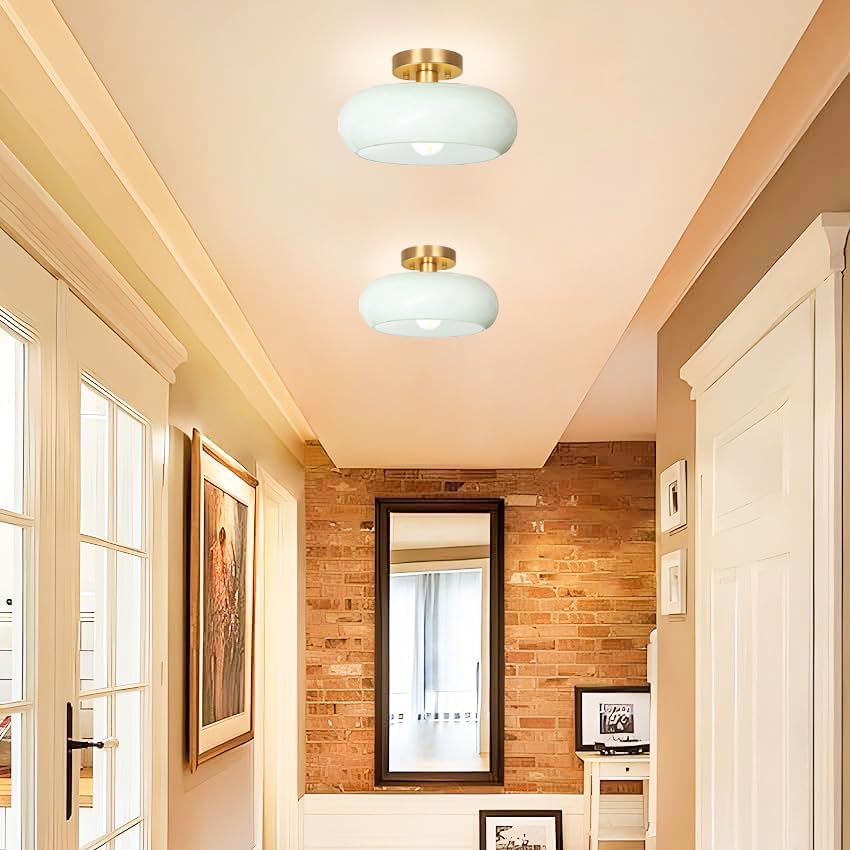 Semi Flush Mount Ceiling Light,11inch Mid Century Modern Light Fixture,Hallway Lighting Fixture with Milk Green Glass Shade,Vintage Ceiling Lamp for Kitchen,Porch,Entryway,Closet