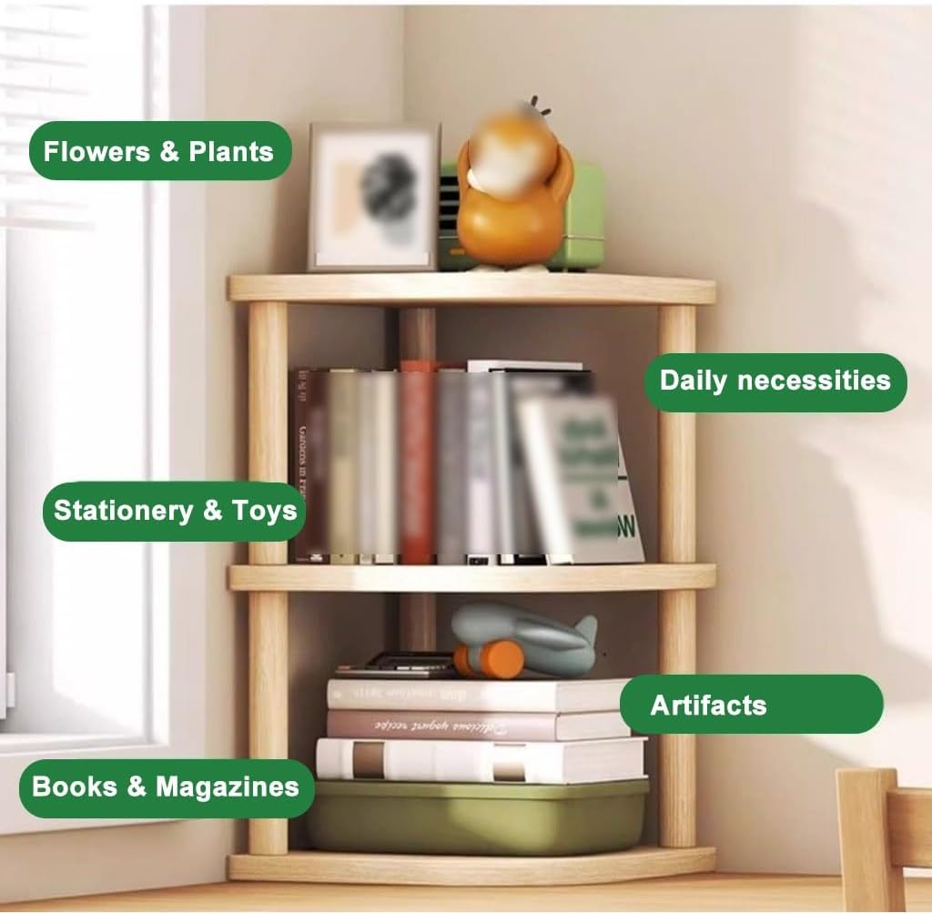 Vertical Triangle Bookshelf Cornor Storage Rack Multi-Tier Corner Cabinet Wooden for Living Room Bedroom,Organizer Shelves Unit, Freestanding Display (Original Wood 5 Tier)