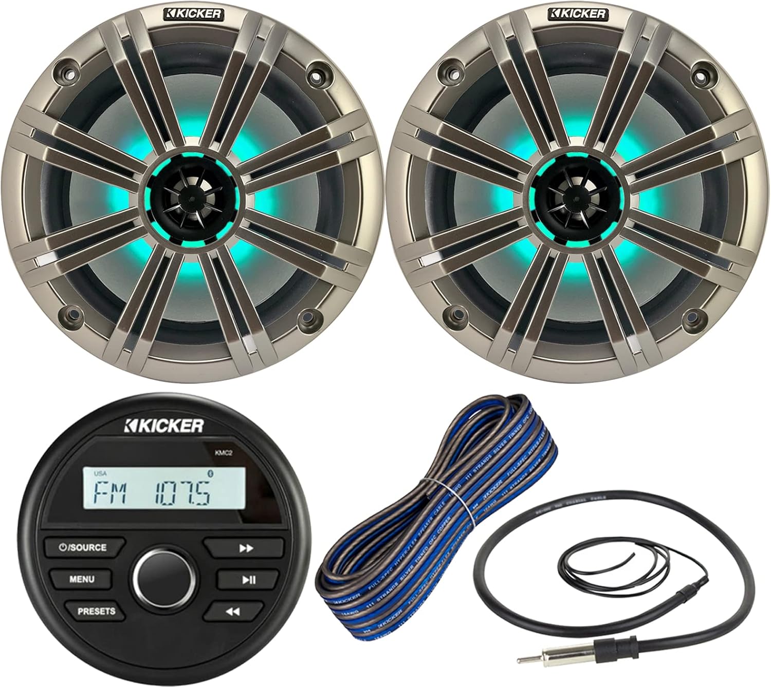 Kicker All-Weather Marine Gauge Style Bluetooth USB Stereo Receiver Bundle Combo with (QTY 2) 8