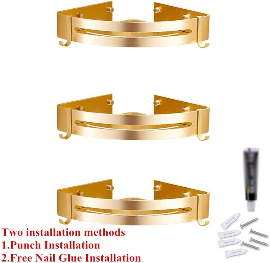 Corner Shower Caddy Bathroom Corner Gold Shelf, Shower Caddy with Two Hooks, Self Adhesive Wall Mount with Screws Storage Shelves Triangle Baskets Shower Organizer (Color : 3 Tier)