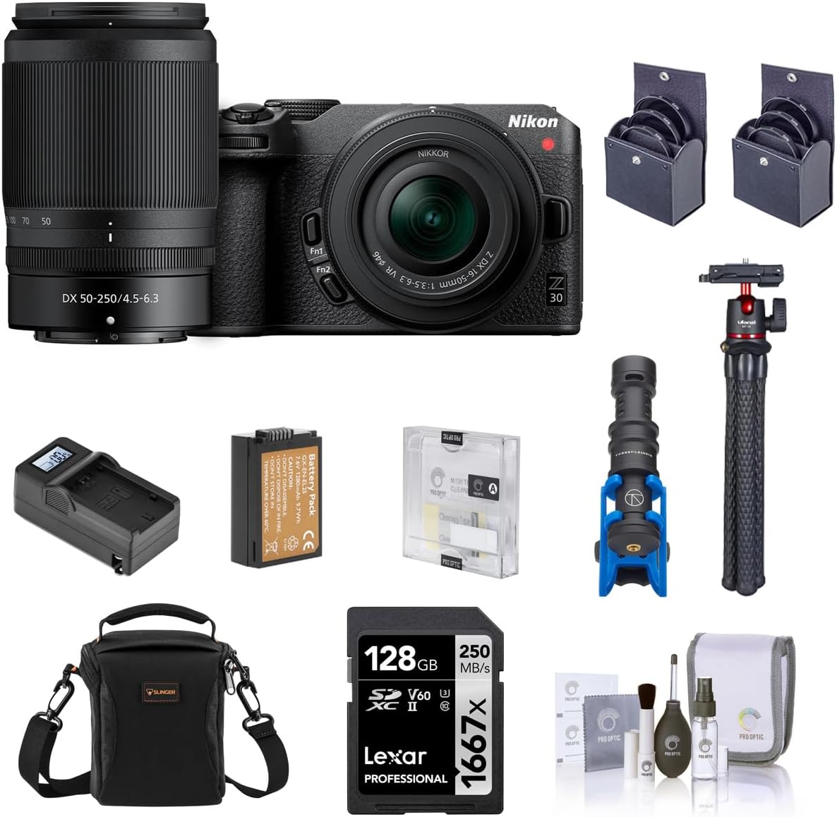 Nikon Z 30 Mirrorless Camera with 16-50mm & 50-250mm Lens, Bundle with 128GB SD Memory Card, Bag, Microphone, Mini Tripod, Battery, Smart Charger, 62mm and 46mm Filters, Cleaning Kit