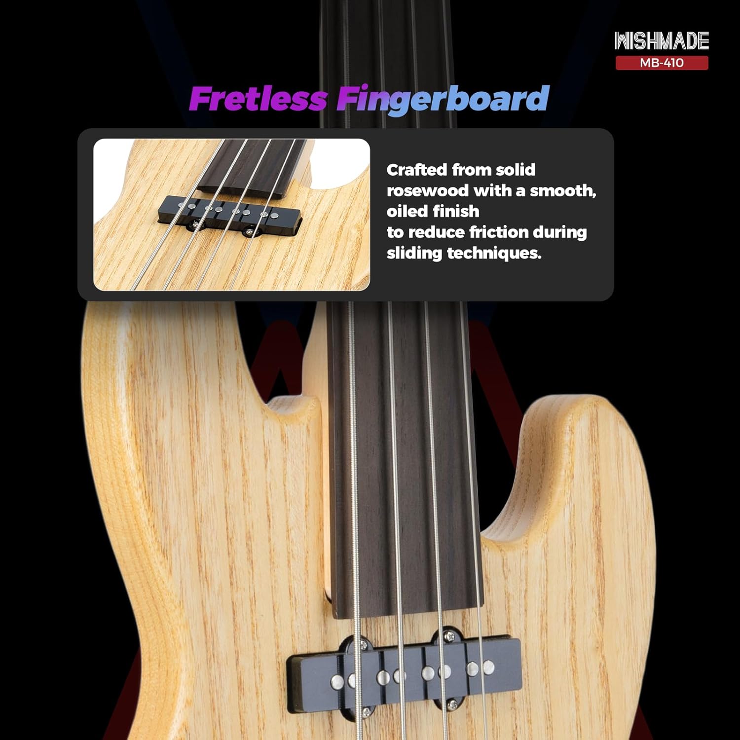 WishMade Electric Bass Guitar Fretless Mini Bass Guitar,Portable Small Size Guitar with Gigbag,Maple Neck,HH.(4 String Natural)