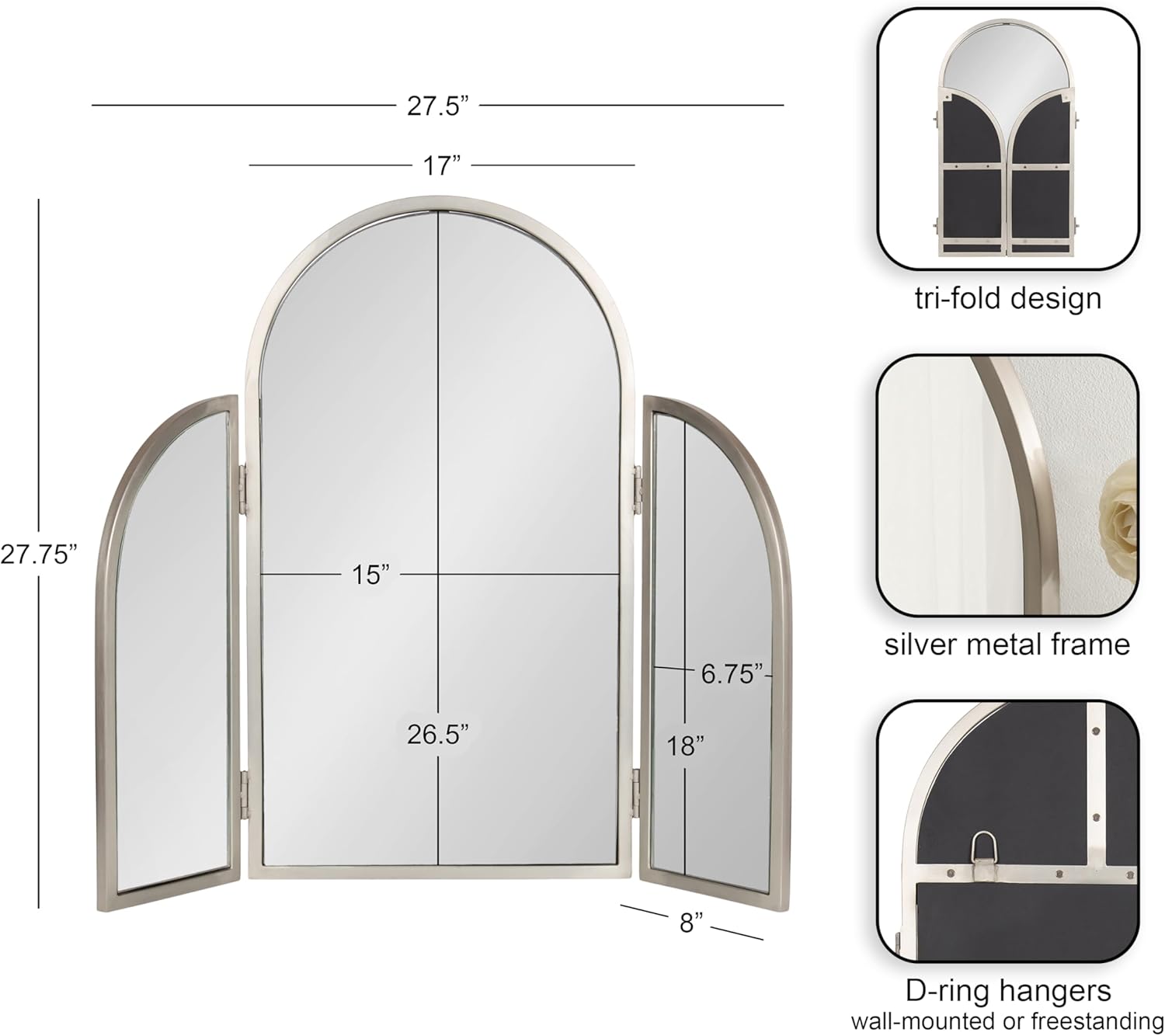 Kate and Laurel Amoli Modern Arched Tri-Fold Mirror, 28 x 28, Silver, Decorative Three-Piece Folding Arch Mirror for Tabletop Makeup Station or Bathroom Vanity Setup
