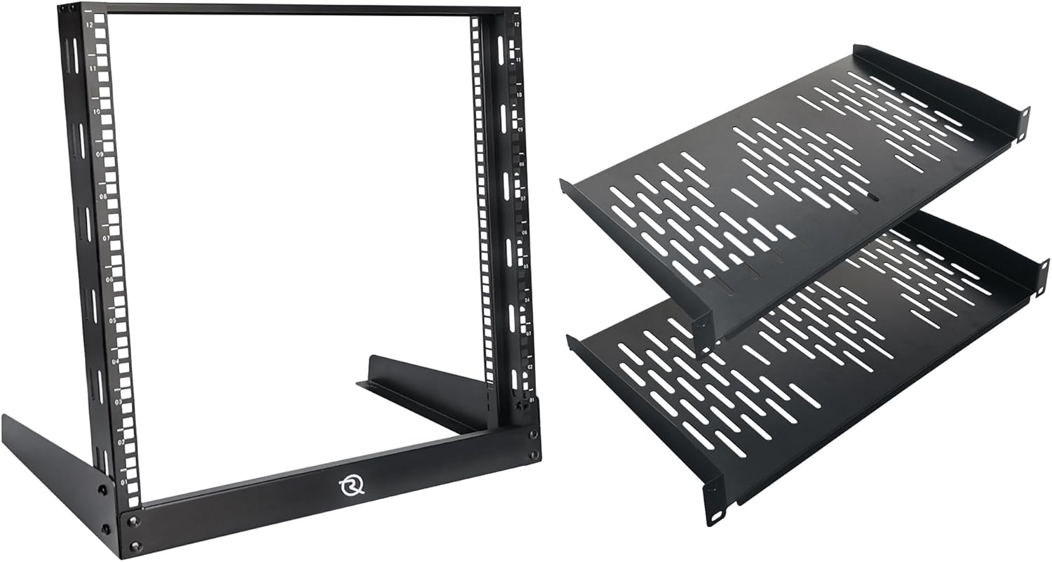 RIVECO 12U Desktop Rack for Audio & Network Devices 19 Inch 2 Post Open Frame Shelf with Reinforced Beam, Tabletop Racks for IT Server Sound AV Music Recording Equipment & 10