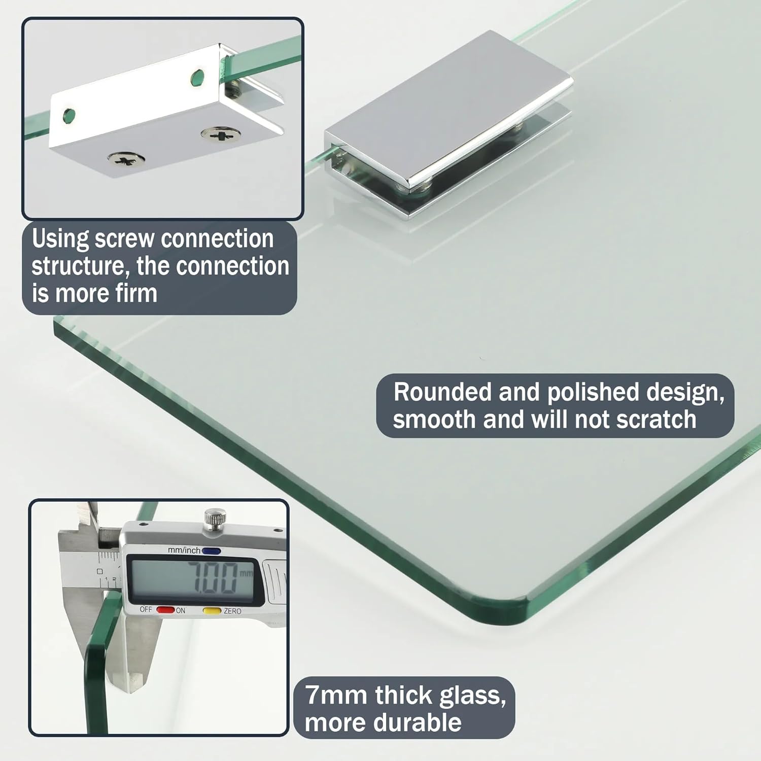 Shower Caddy Bathroom Glass Shelf Shower Shelf, Wall Mount Storage 7MM Tempered Glass Shelf Bracket Bathroom Accessory Bathroom Organizer (Color : White)