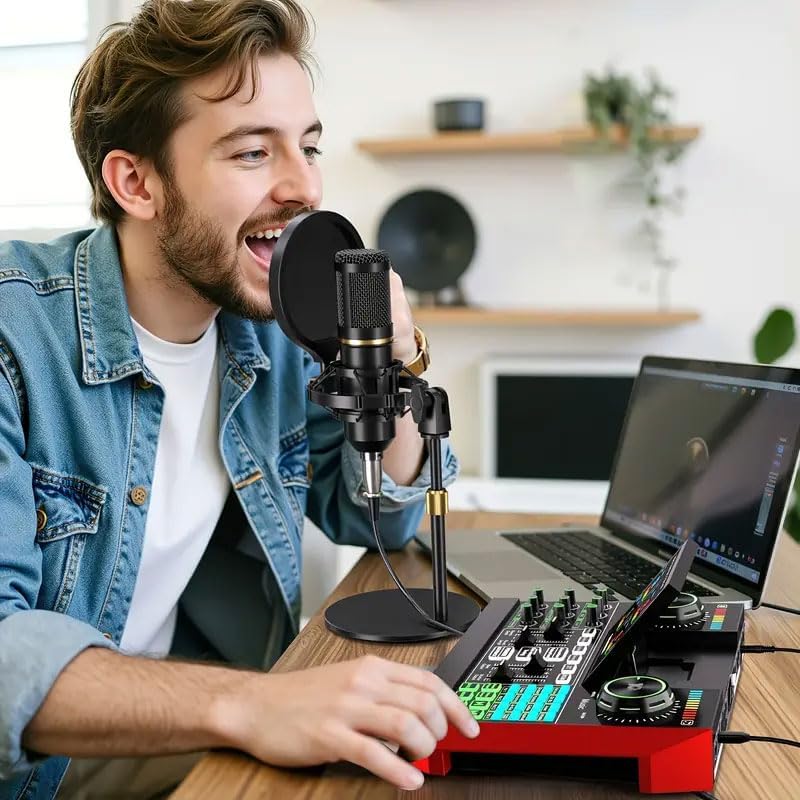 Podcast Equipment Bundle Audio Mixer, Sound Board for PC/Phone Live Streaming Singing Gaming, Sound Mixer for 3.5mm/Xlr Dynamic/48V Microphone, Live Sound Card with DJ Mixer Effects & Voice Changer