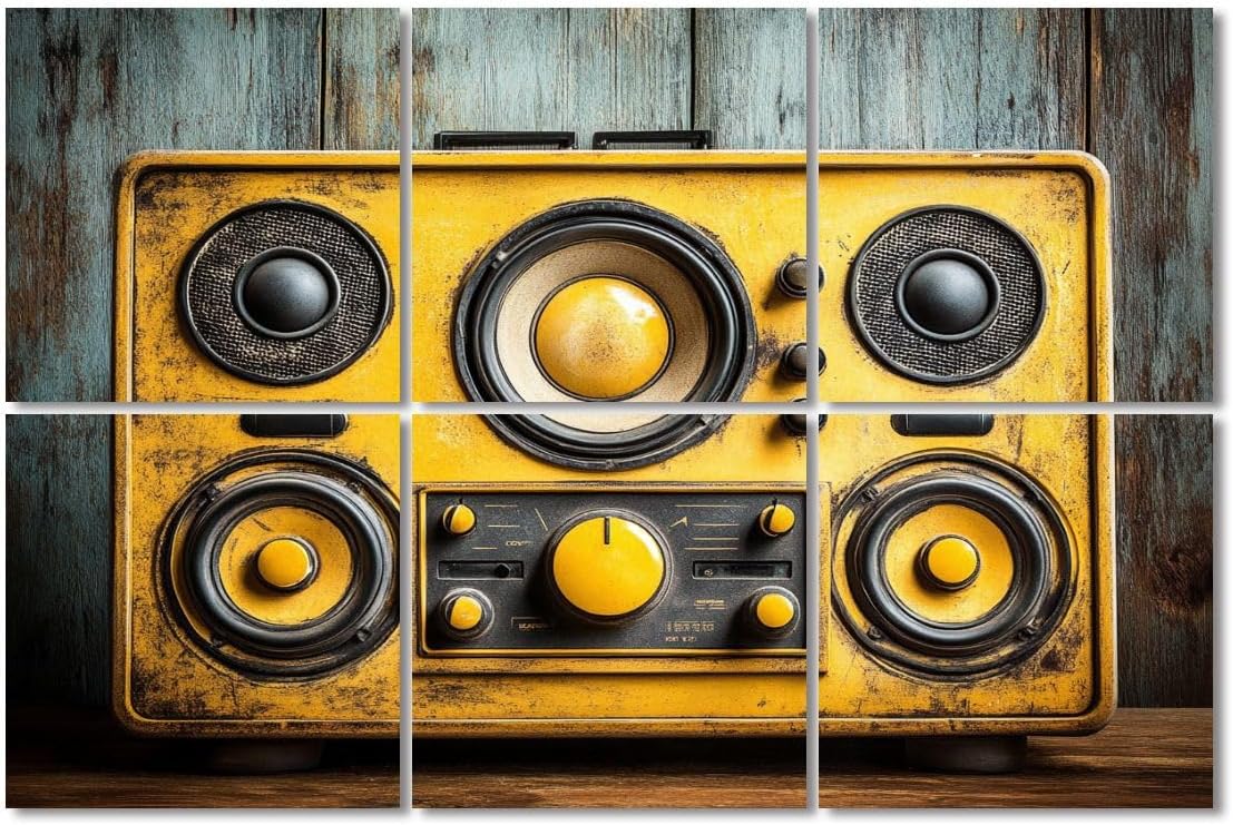 6 Pack Art Acoustic Panels Sound Absorbing Retro Vintage Knobs Speakers Distressed Texture Wood Background Decorative Soundproof Wall Panels Self Adhesive for Recording Studios Office 72
