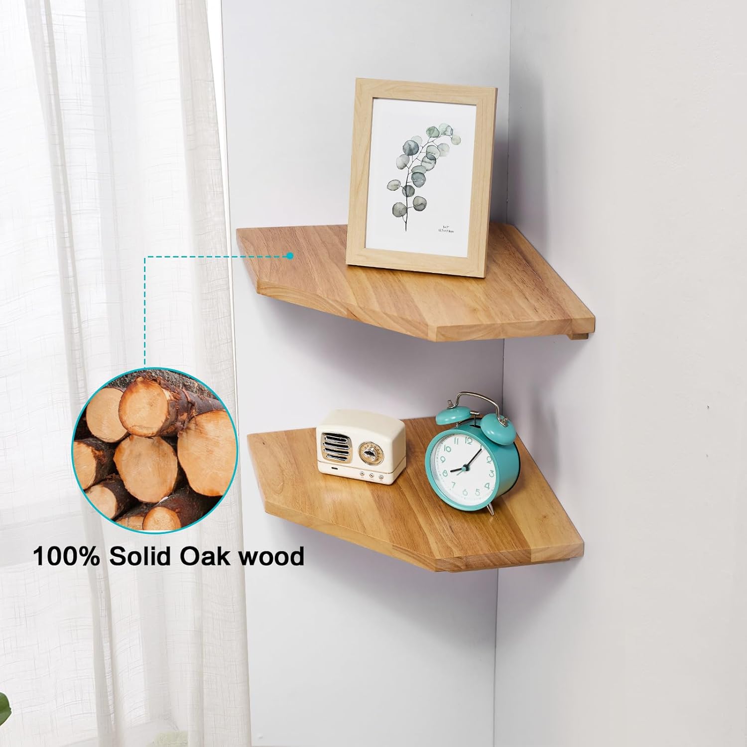 4pcs Oak Corner Shelves Wall Mount Set Round End Floating Speaker Shelf Display Shelf for Small Plant Photo Frame (9in+10in+12in)