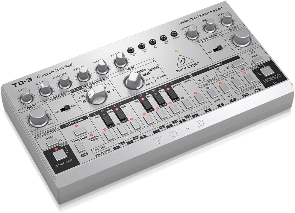 Behringer TD-3-SR Analog Bass Line Synthesizer - Silver and Hosa MID-305BK 5-Pin DIN to 5-Pin DIN MIDI Cable, 5 Feet Bundle