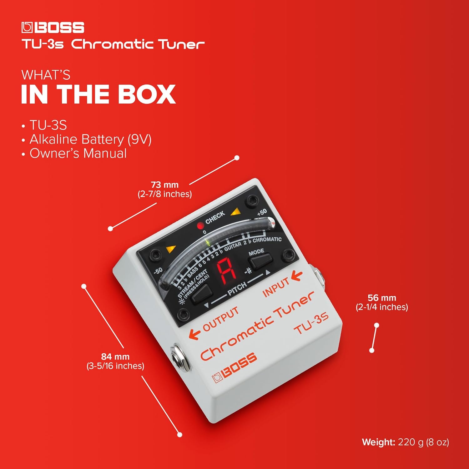BOSS TU-3S Compact Chromatic Tuner for your Pedalboard | Industry-Standard Performance in a Tiny Footprint | Rock-Solid Tuning for Guitar and Bass | 21-Segment LED Meter | Accu-Pitch Sign Function