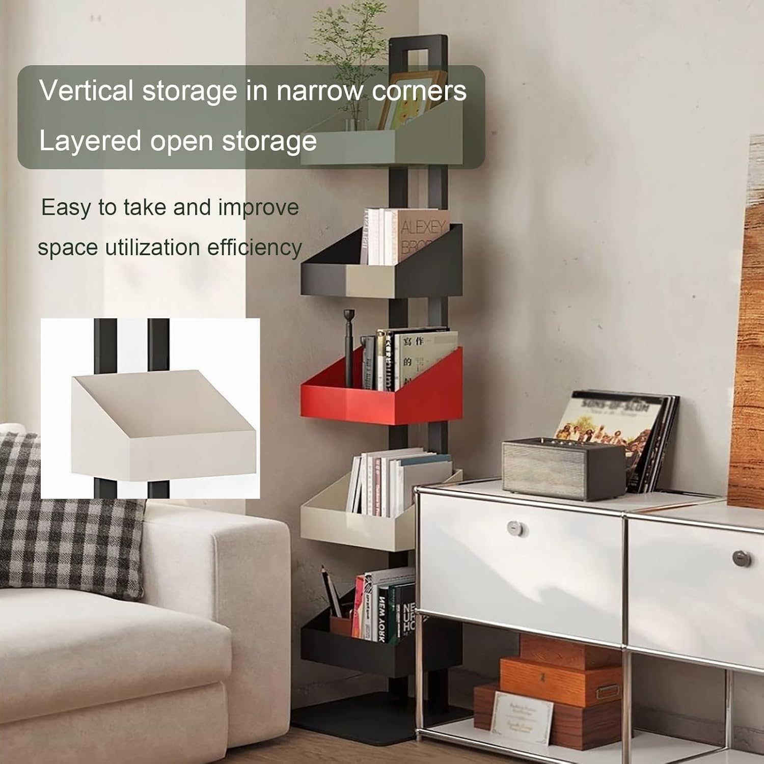 Metal Vertical Bookshelf Tower, Freestanding Spine Bookcase for Small Spaces, Modern Storage Corner Shelf for Living Room, Office, Bedroom Decor(112cm/44.1in)