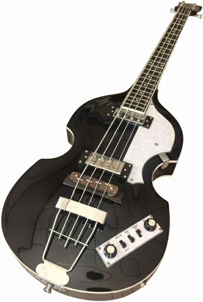 Violin Electric Bass Guitar 4 String 41 Inch Short Scale - Hollow Basswood Body with Flame Maple Appearance & Neck(Black)