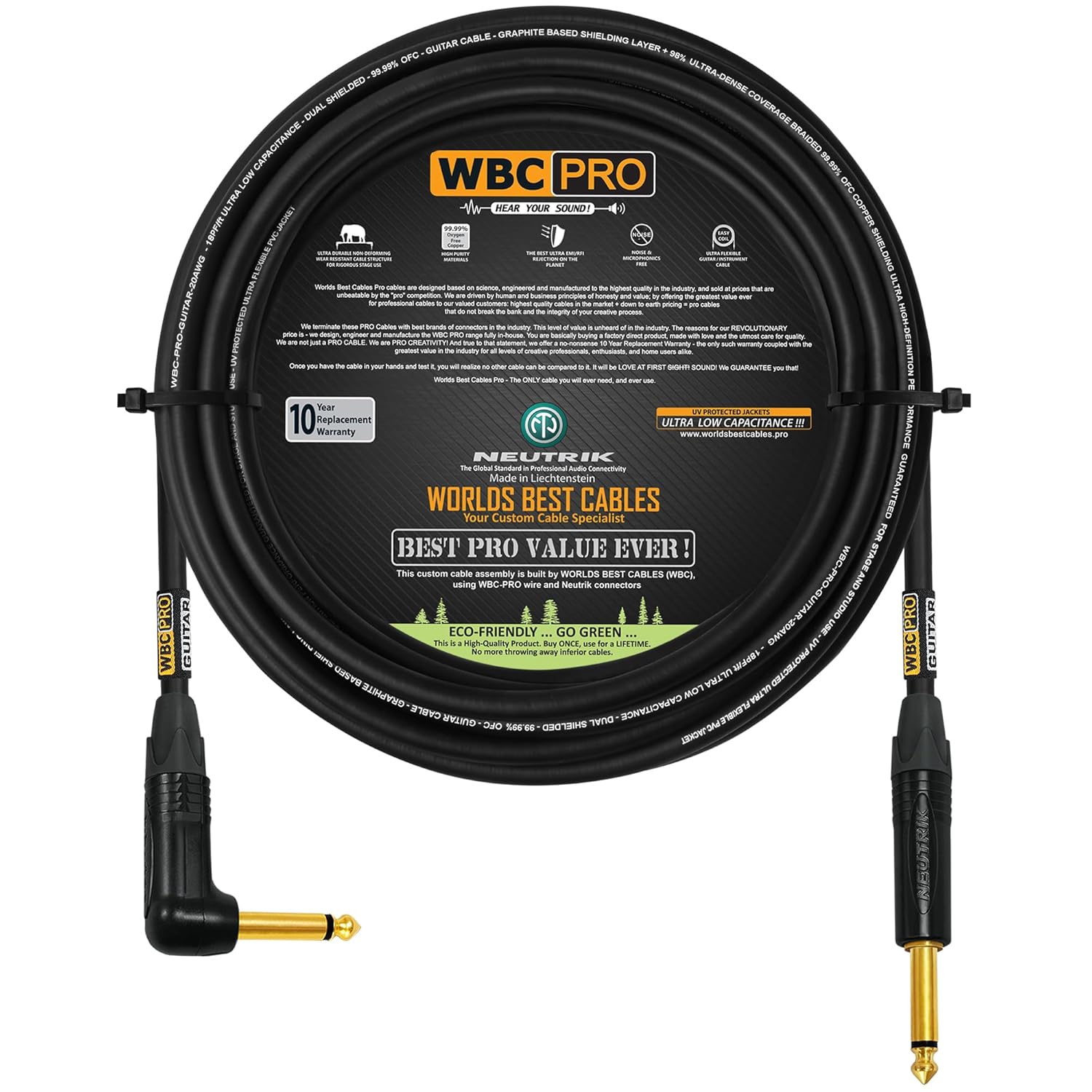 50 Foot - WBC-PRO-Guitar – 20 AWG - Low-Cap (18pF/ft) – Pro-Grade – Graphite-Based - Dual-Shielded Guitar, Bass, Instrument Cable with Neutrik Straight to Angled ¼ Inch (6.35mm) Gold TS Connectors
