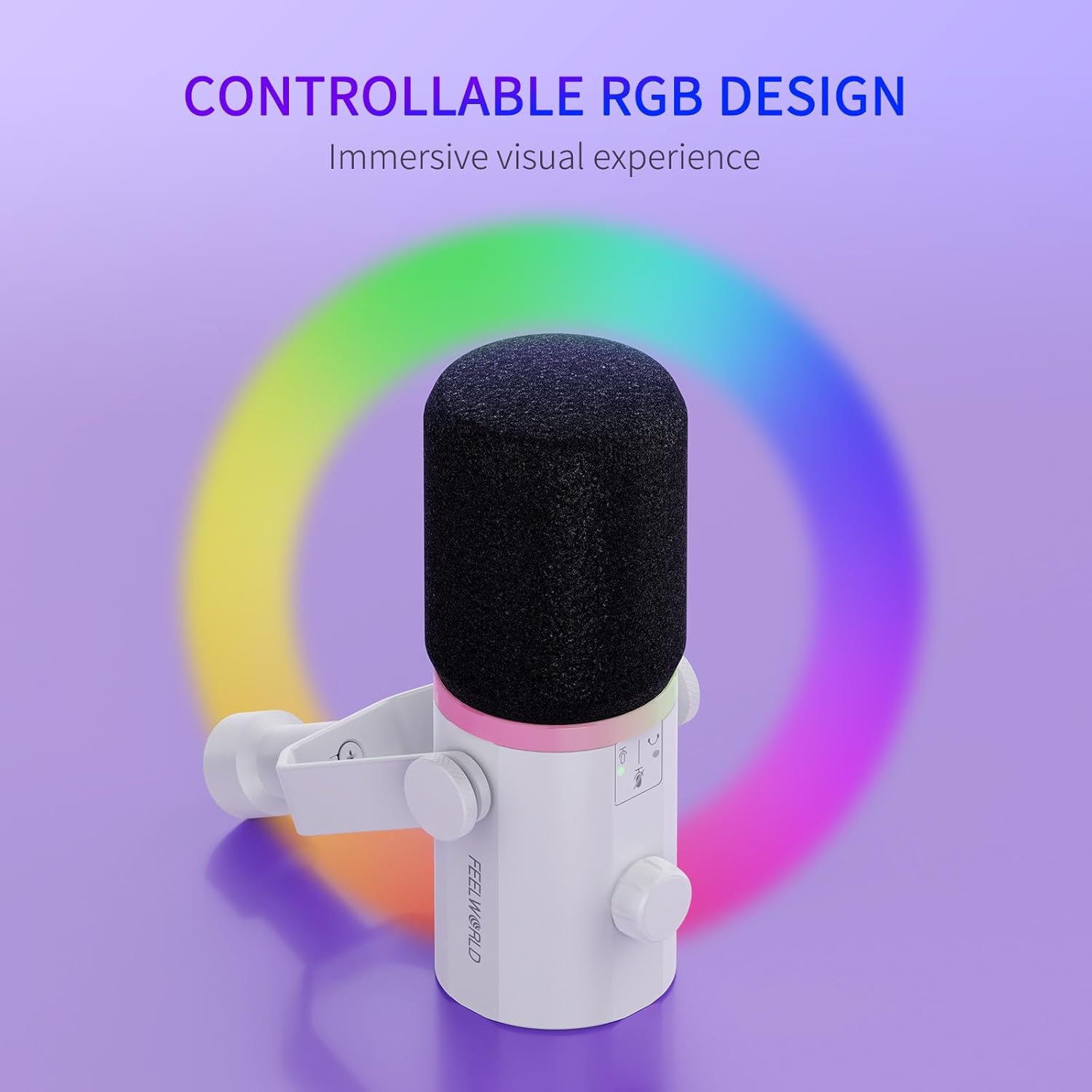 FEELWORLD PM1 XLR USB Dynamic Microphone with Boom Arm Gifts for Podcast Recording PC Computer Gaming Live Streaming Vocal Voice-Over, Studio Metal Mic, RGB Light, Mute Button, Headphones Jack (White)