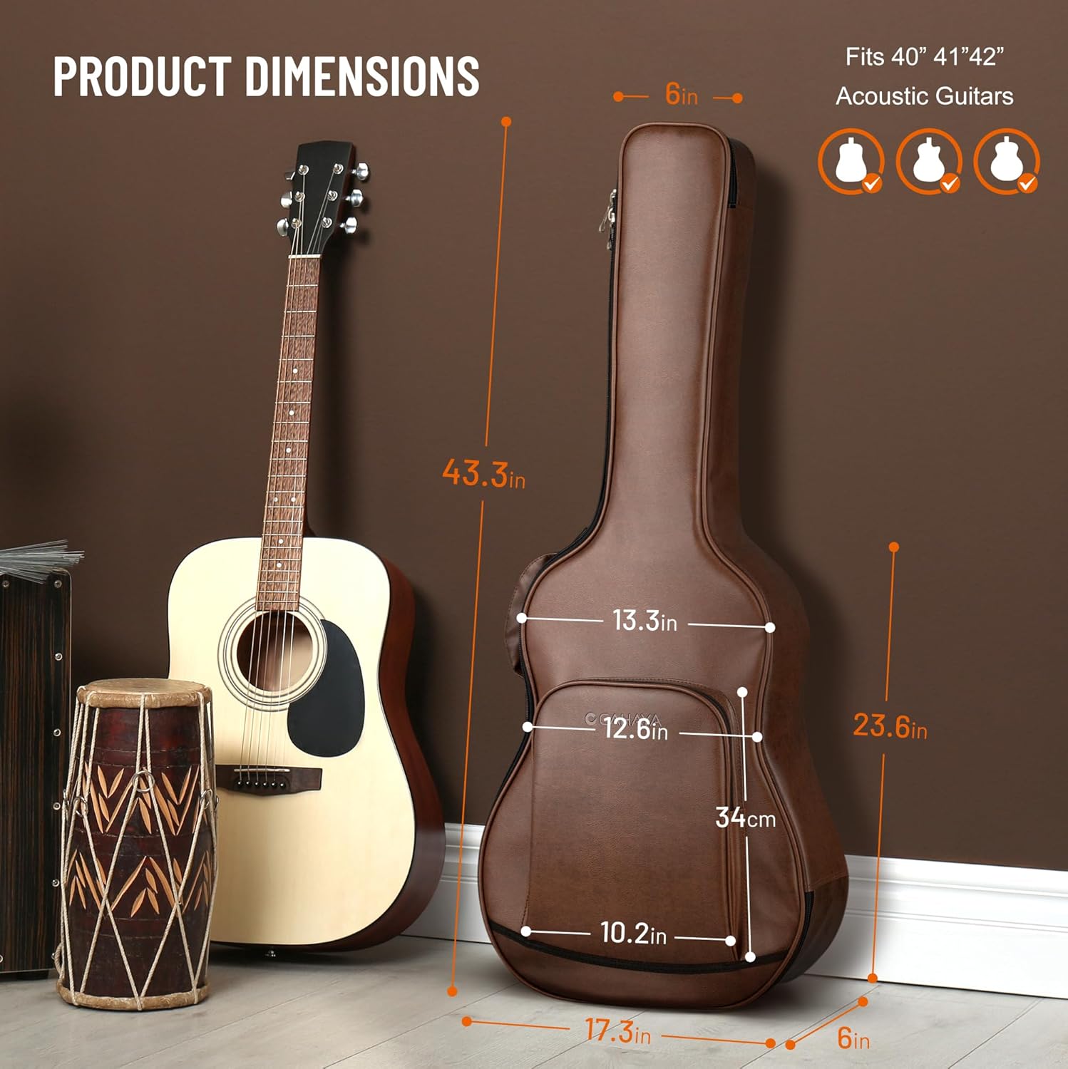 CAHAYA Guitar Case Acoustic Bag - 0.8in Thick Padding Guitar Gig Bag Waterproof PU Design for Easy Cleaning Fits 40 41 42in Acoustic Guitars Travel Acoustic Case with Adjustable Shoulder Straps