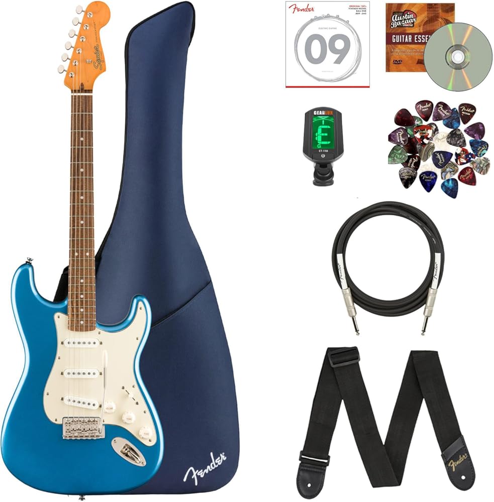 Fender Squier Classic Vibe '60s Stratocaster - Lake Placid Blue Bundle with Gig Bag, Instrument Cable, Tuner, Strap, Strings, Picks, and Austin Bazaar Instructional DVD