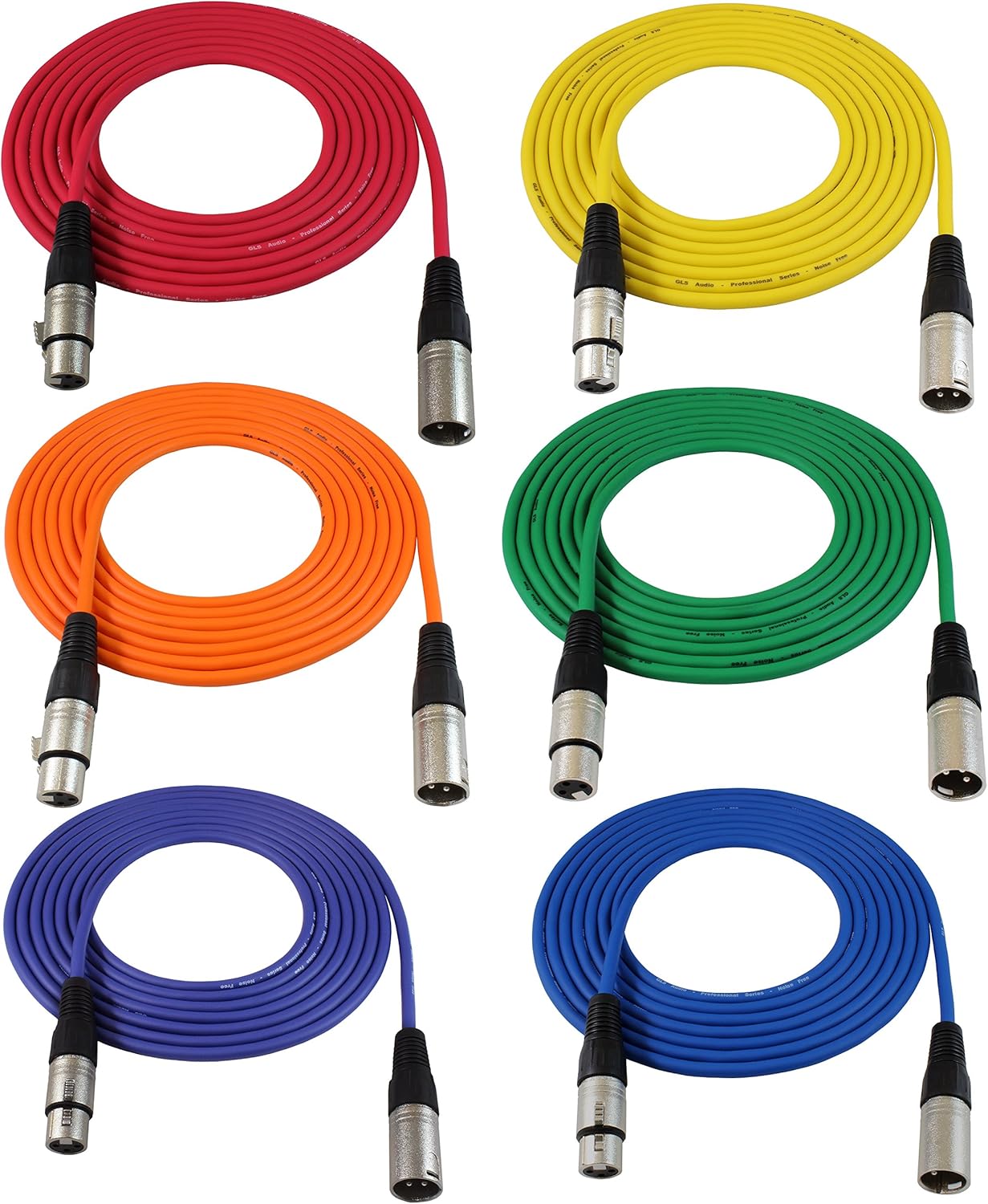 GLS Audio 12ft Mic Cable Patch Cords - XLR Male to XLR Female Colored Cables - 12' Balanced Mike Cord - 6 Pack