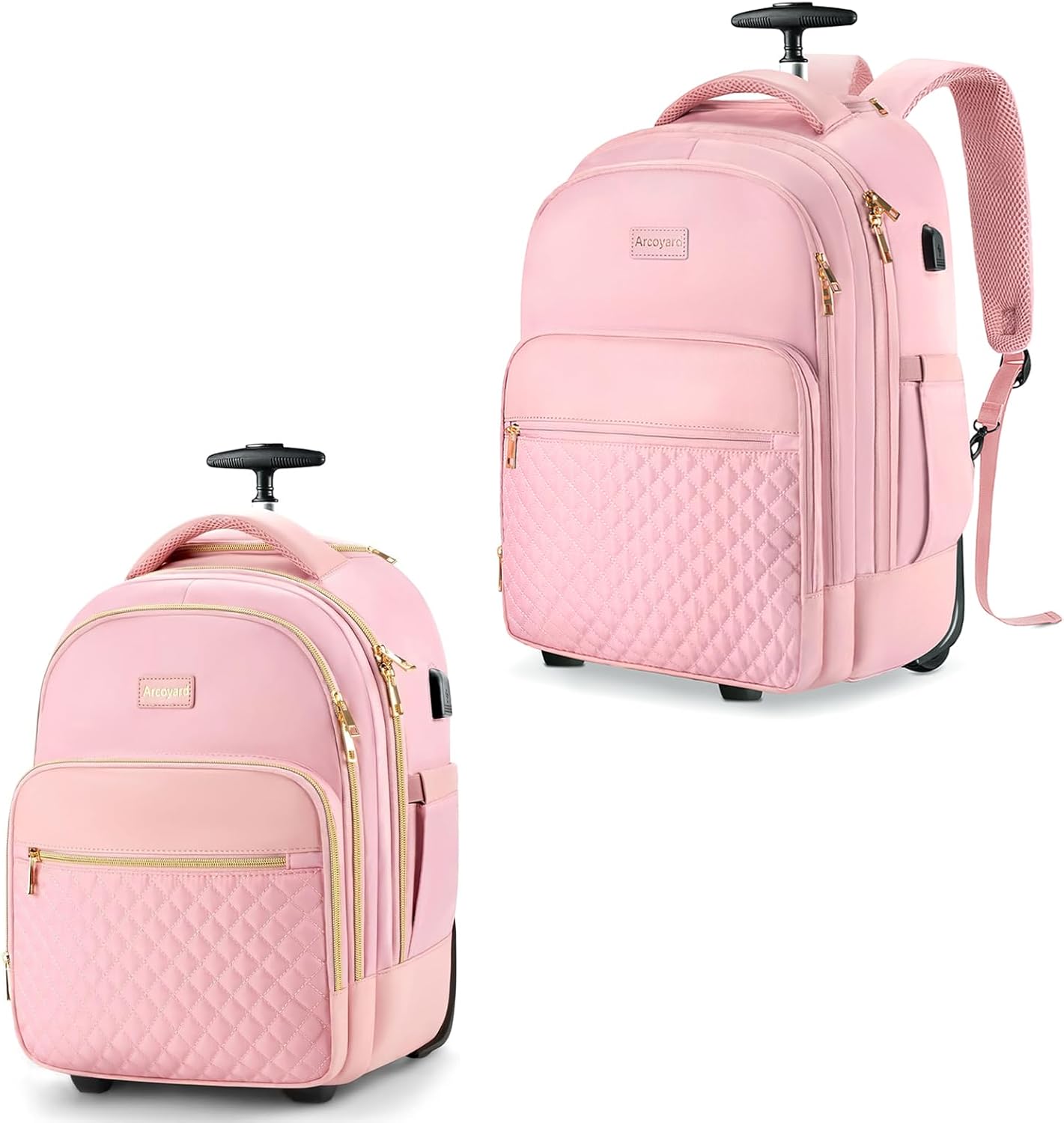 Rolling Backpack for Women, Travel Backpack with Wheels, Carry On Luggage, Roller Laptop Bag, Pink