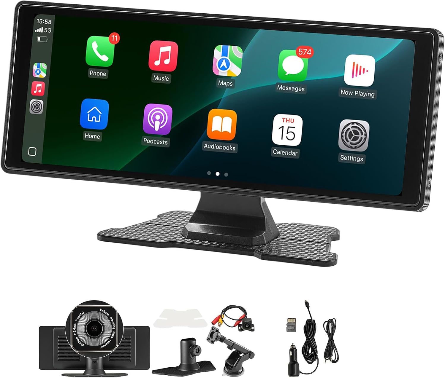 VEVOR Wireless Car Stereo, 10-Inch HD Portable Radio Touch Screen with Apple CarPlay and Android Auto, CarPlay Screen with Front & Backup Cameras, Voice Control, Mirror Link, Bluetooth, GPS Navigation