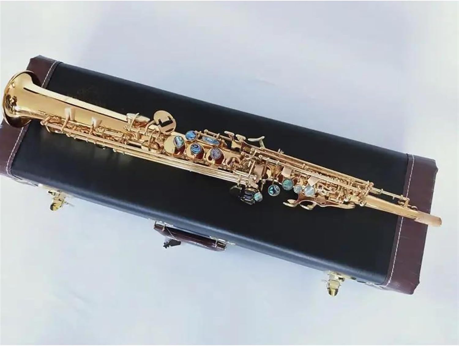 Professional Straight Saxophone Bb Brass Golden Key Woodwind Instrument With Accessories (Color : Leather Case)
