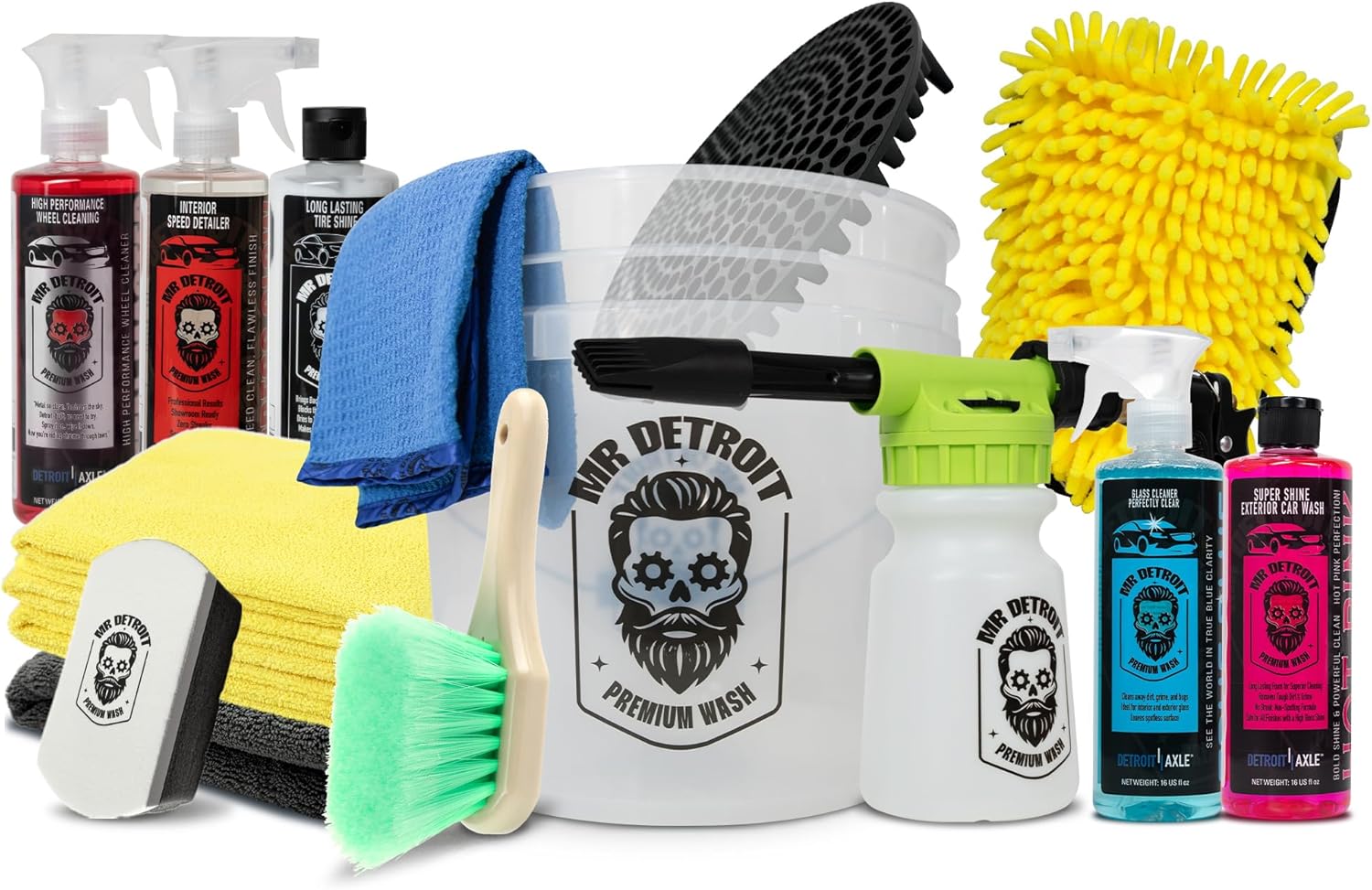 Mr. Detroit - 14pc Car Wash Kit with Foam Blaster, Bucket and Filter, Car Cleaners, Towels, Wash Glove, Brush, Sponge Pad, Exterior and Interior Detailing for Vehicles