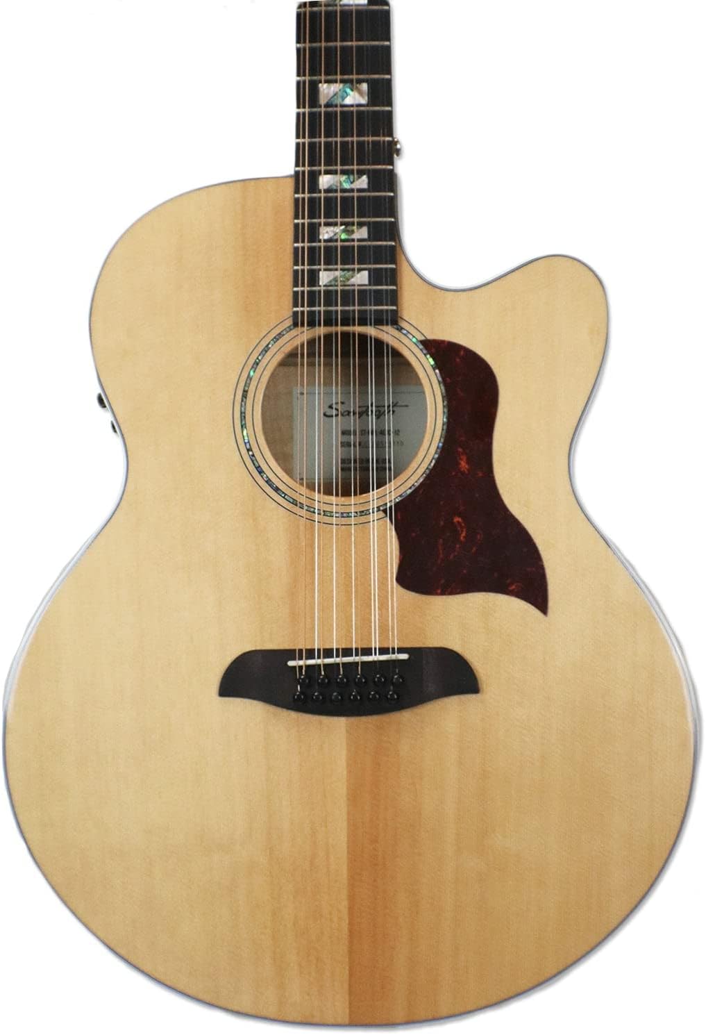 Sawtooth Solid Spruce Top Jumbo Cutaway 12 String Acoustic Electric Guitar with Flame Maple Back and Sides Right-Handed