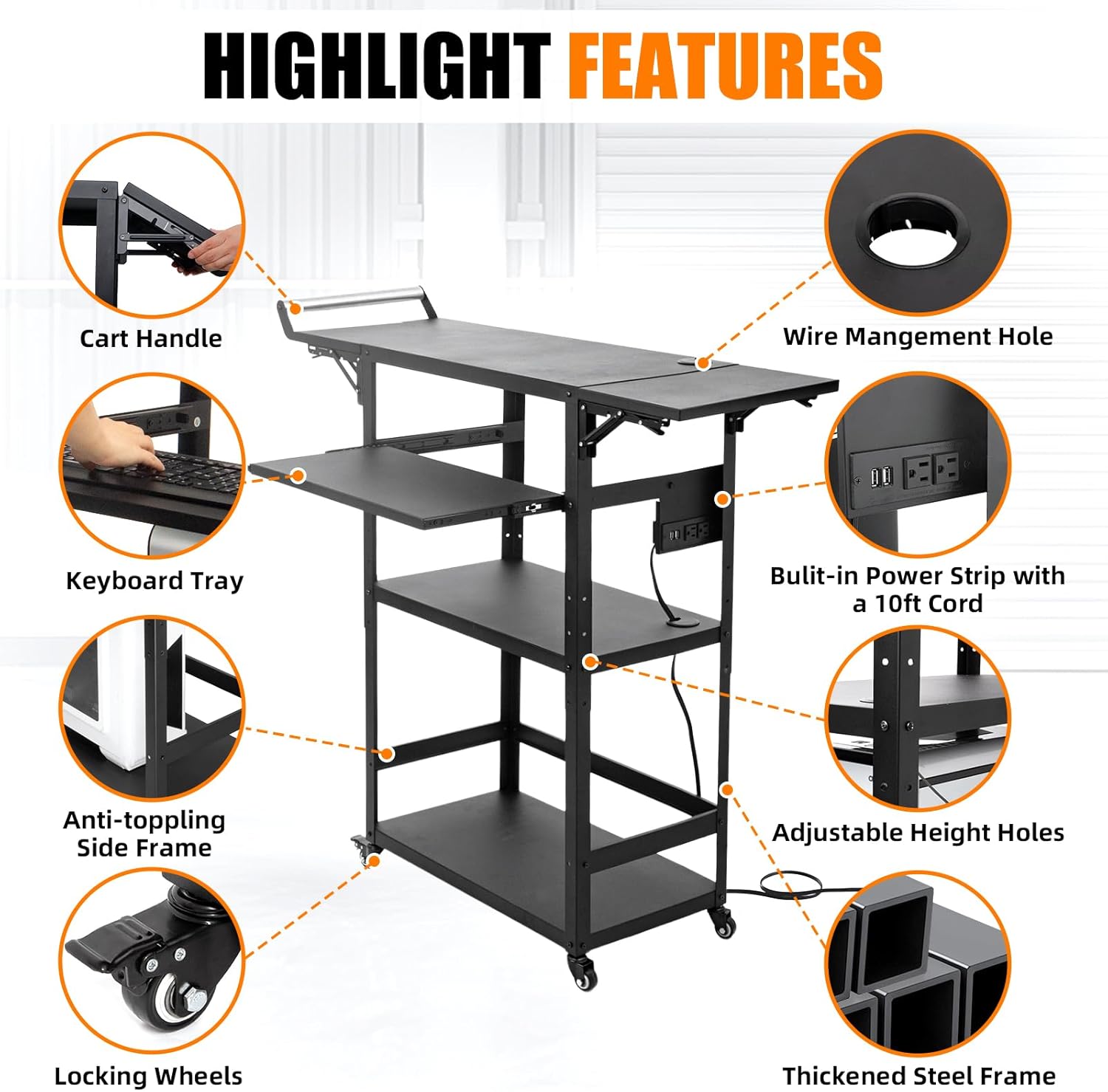 All-Steel AV Cart with Wheels and Power, Height Adjustable Media Workstation with Drop-Leaf Shelves for Projectors, Laptops & Printers, Heavy Duty Presentation Cart with Pull-Out Keyboard Tray