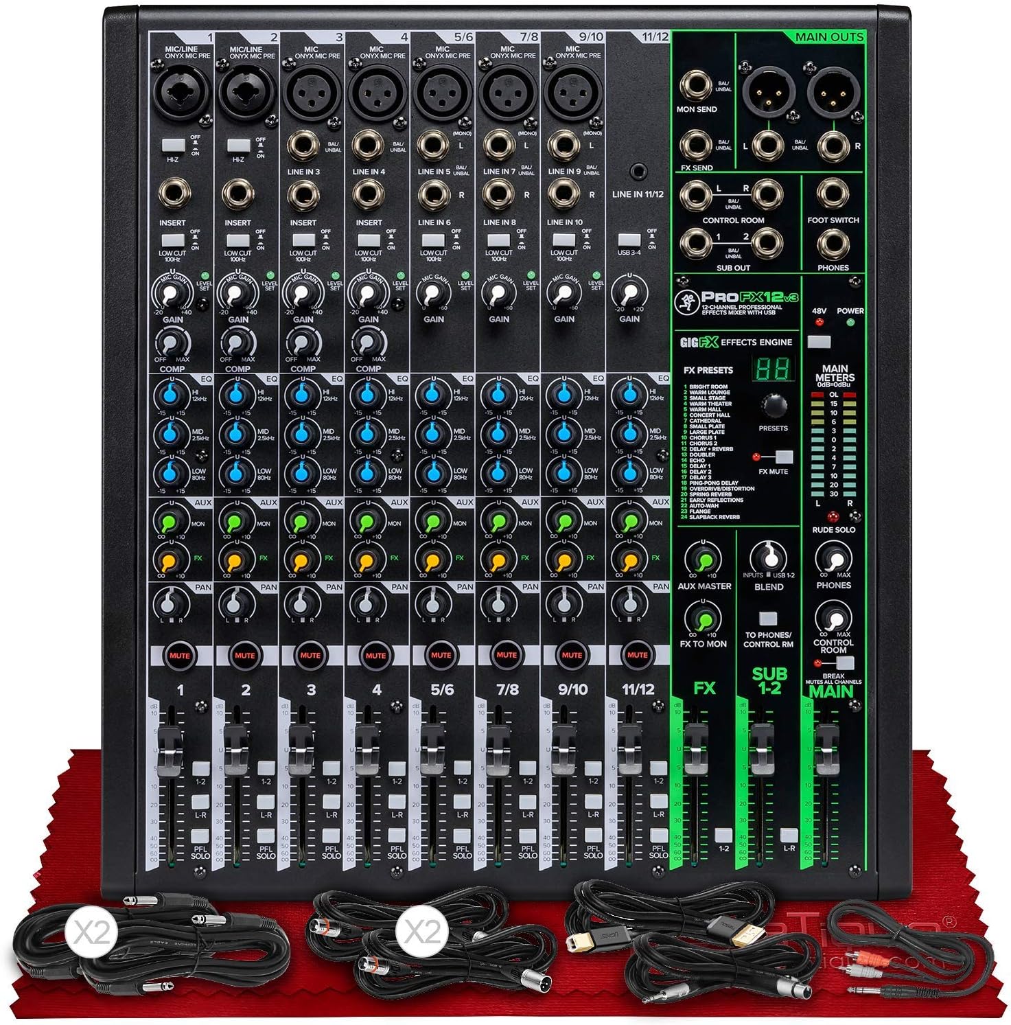 Mackie ProFX12v3 12-Channel Sound Reinforcement Mixer with Built-In FX + Basic XLR/USB/TS/TRS/RCA Cables Bundle & Fibertique Microfiber Cleaning Cloth