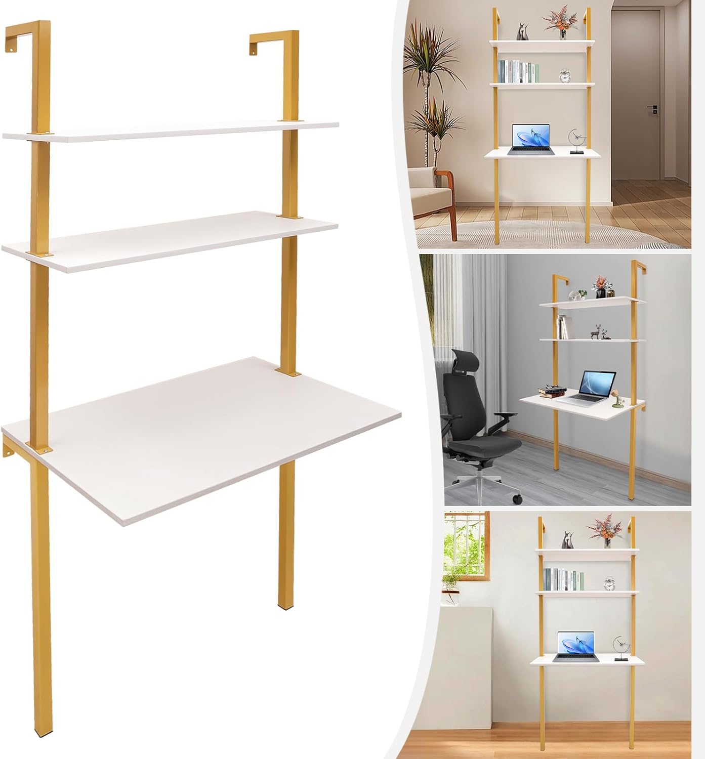 Industrial 3-Tiers Gold Wall Mounted Ladder Bookshelf, Pipe Iron Shelves Bookshelf, Storage Book Shelves Display Bookcases for Living Room Home Office