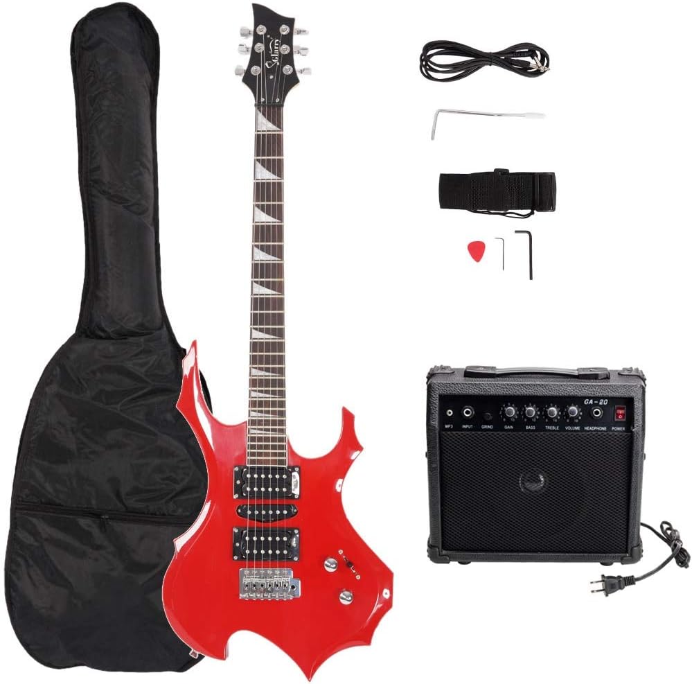 GLARRY Electric Guitar Buring Flame Design HSH Pickup for Beginner Right Hand with 20W AMP, Cable, Strap, Bag, Tremolo Arm and Accessories (Red)