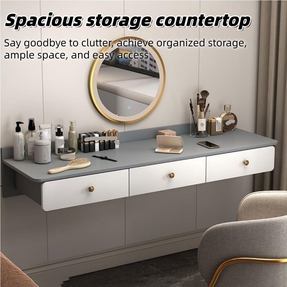 Floating Wall-Mounted Office Table with Two Drawers, Wooden Laptop Desk Shelf for Bedroom Living Room and Study, Modern Floating Vanity Workstation(White Gray)